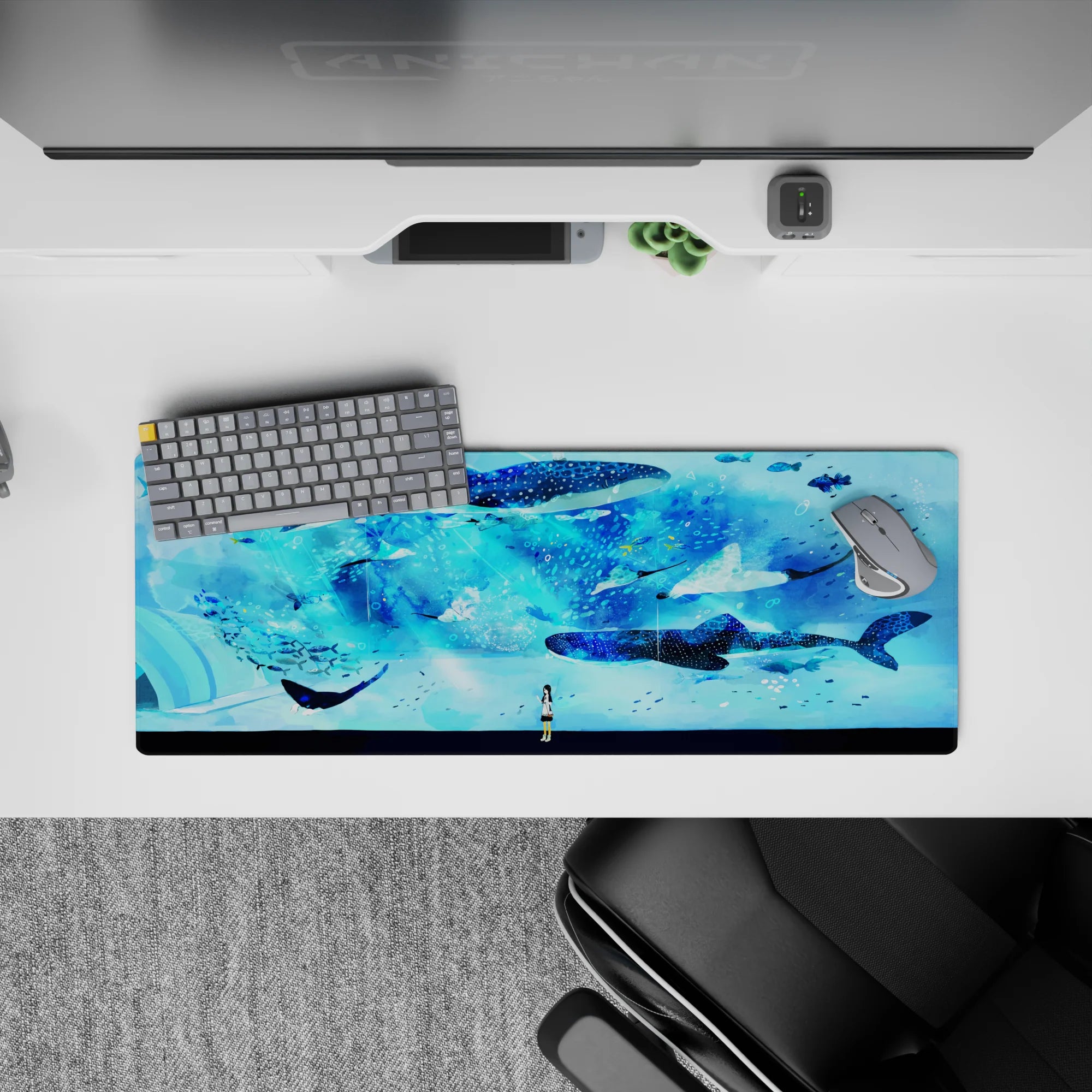 32x12 inches desk mat in deep blues and aqua mist, calm dreamy anime ocean vibe for gaming or study.