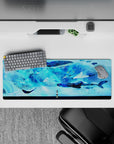 32x12 inches desk mat in deep blues and aqua mist, calm dreamy anime ocean vibe for gaming or study.