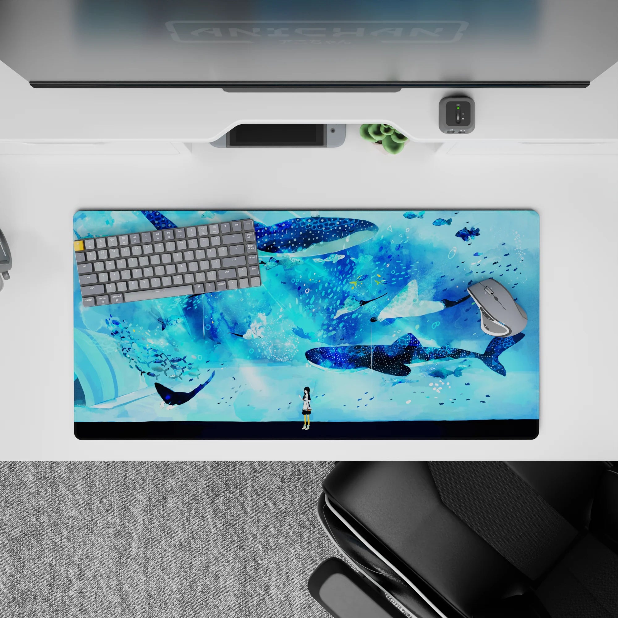 Calming deep blue and aqua anime girl mouse pad 32x16 inches, dreamy ocean vibes for gaming or study.
