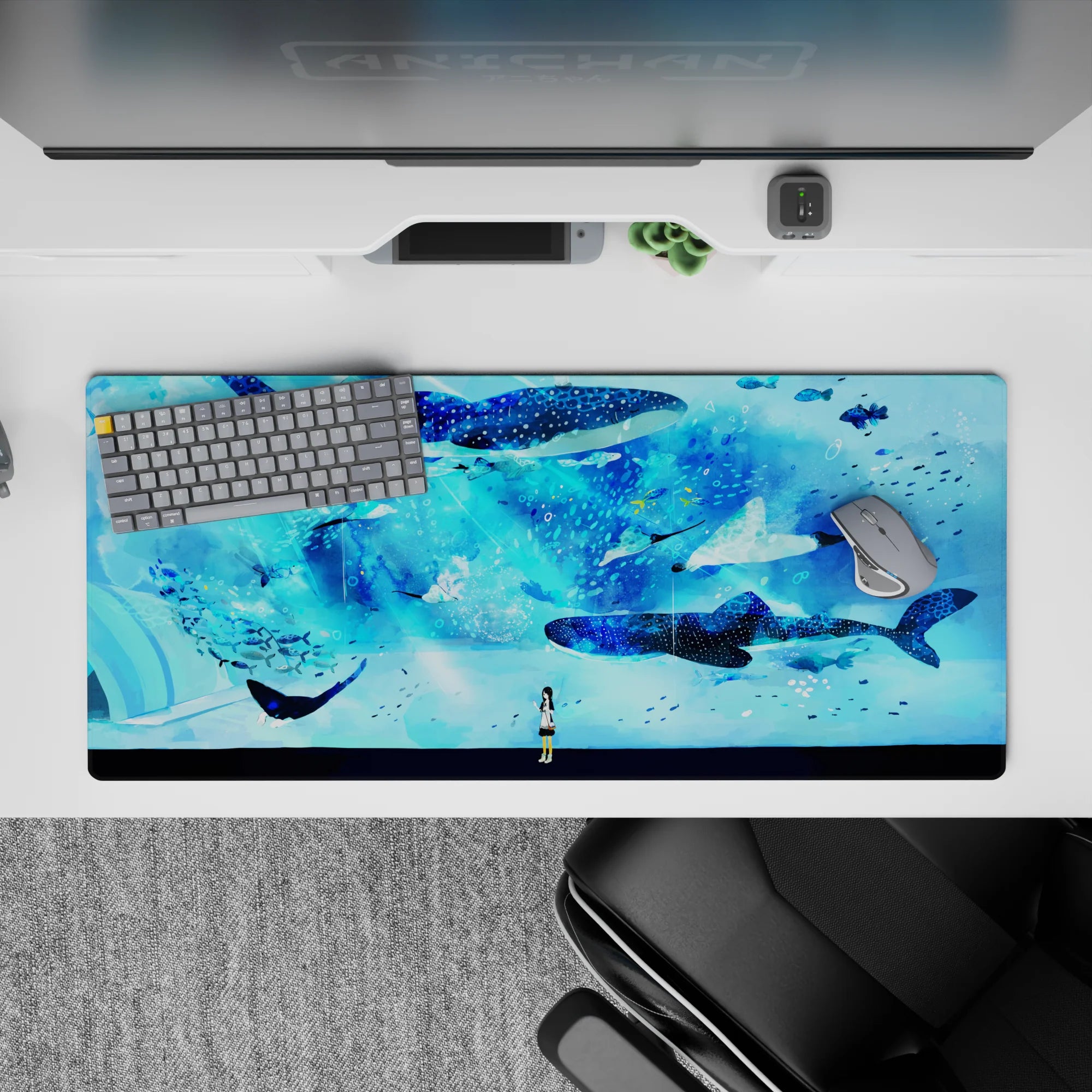 Deep blue and aqua mist anime desk pad, calm dreamy vibes with whale sharks, 36x16 inches.