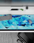 Deep blue and aqua mist anime desk pad, calm dreamy vibes with whale sharks, 36x16 inches.