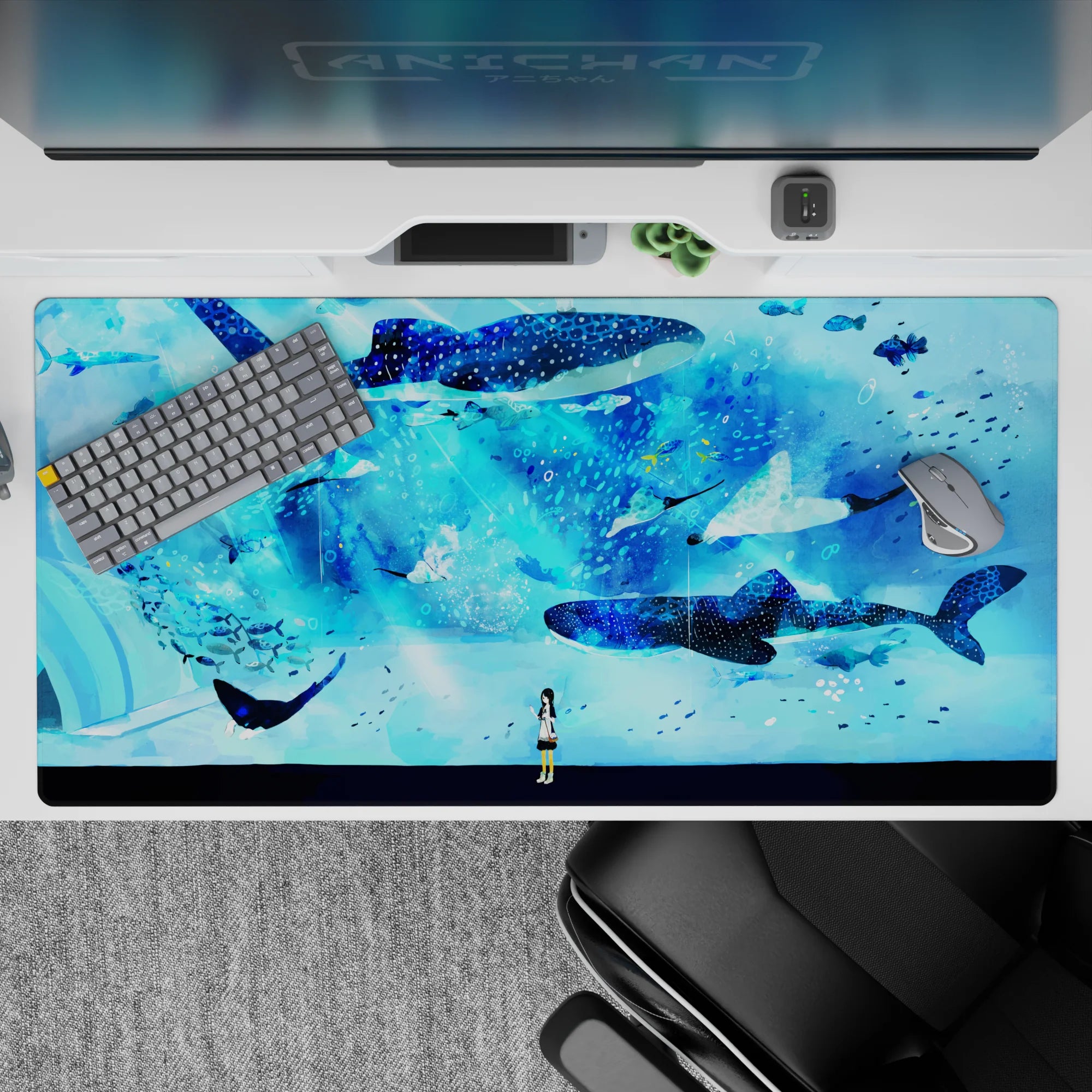 Deep blue and aqua mist anime girl desk pad 40x20 inches, calm ocean vibes and dreamy wonder.