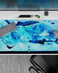 Deep blue and aqua mist anime girl desk pad 40x20 inches, calm ocean vibes and dreamy wonder.