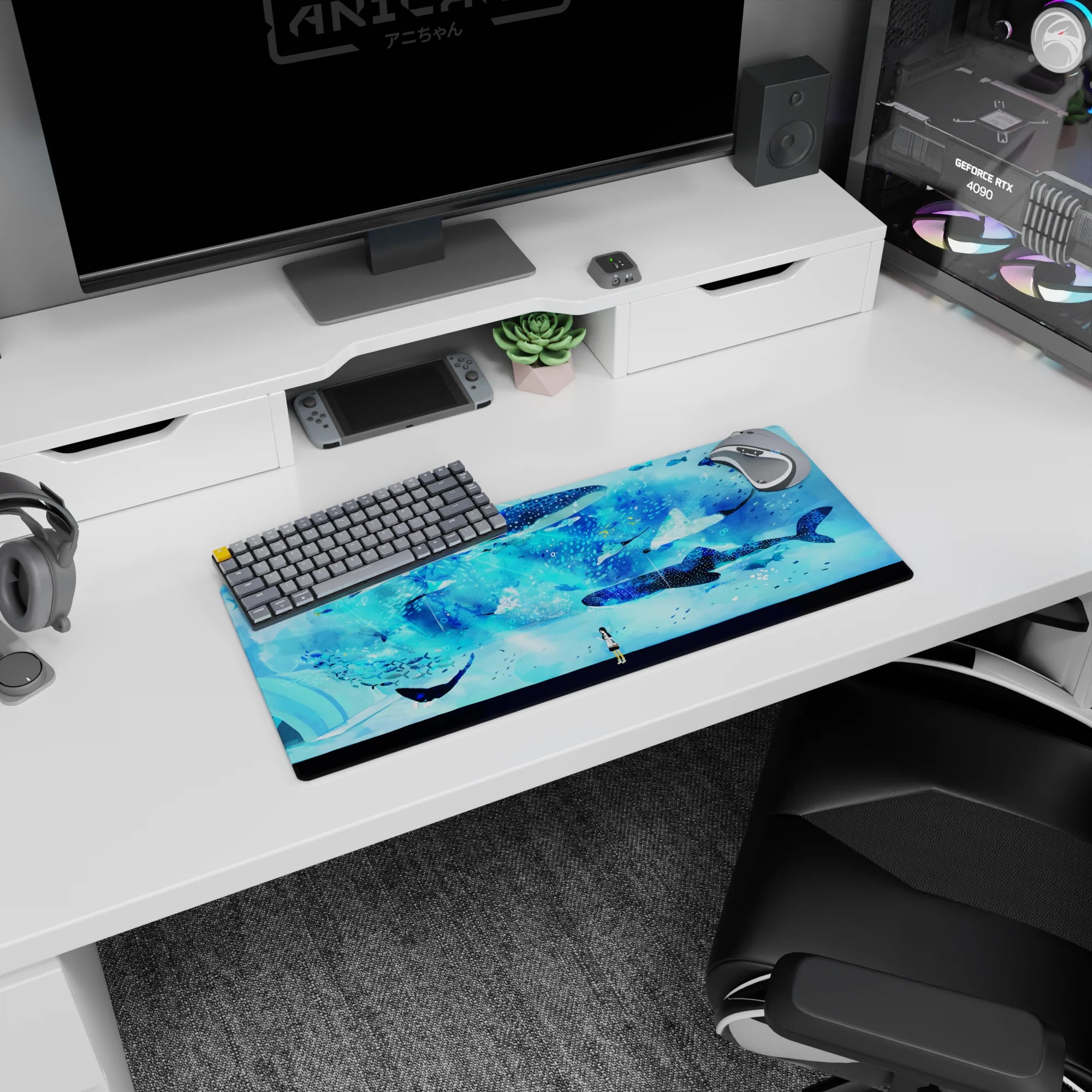 28x12 inches mouse pad showing a tiny anime girl watching whale sharks glide through a starry sea.