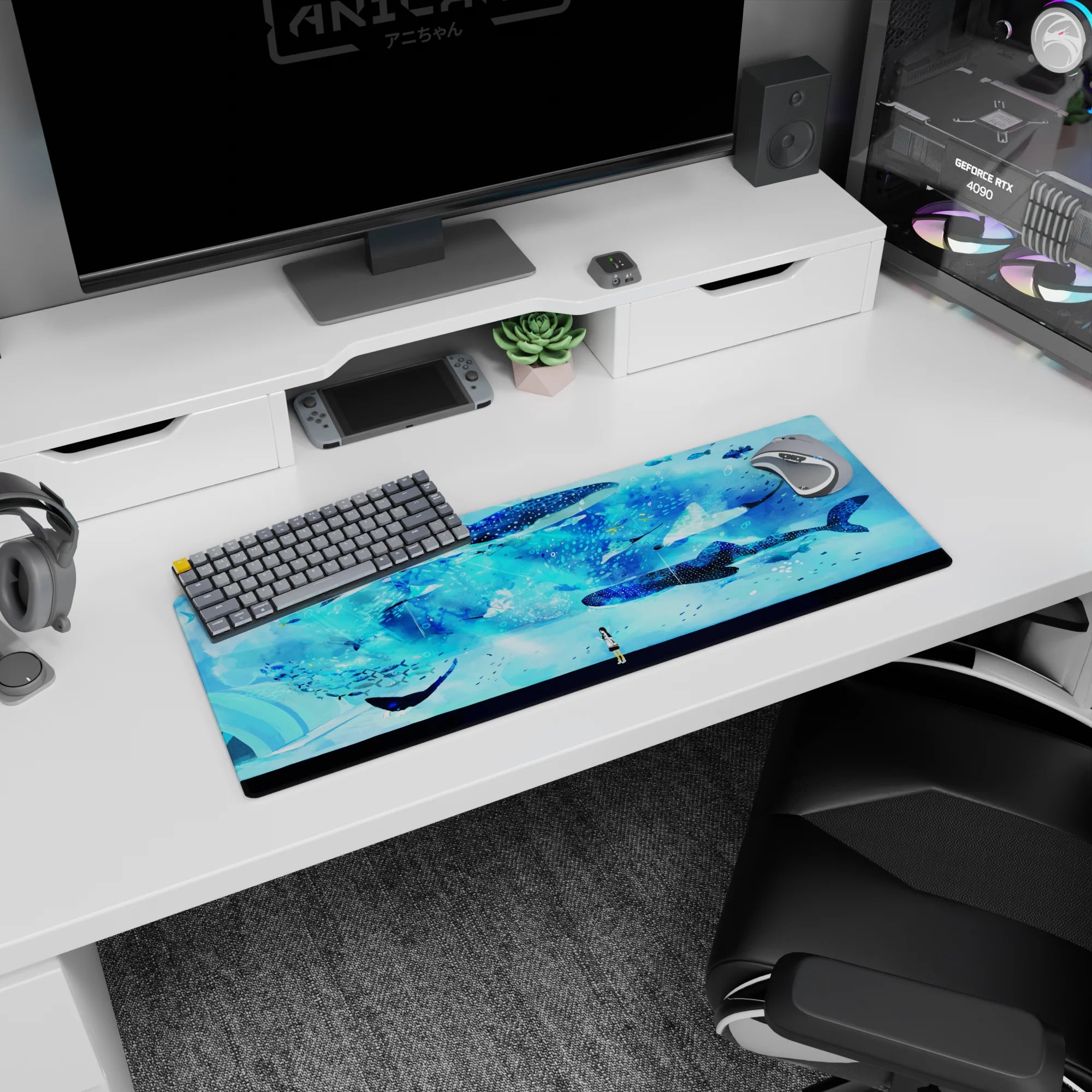 32x12 inches mouse pad showing a tiny anime girl watching whale sharks glide through a glowing sea.