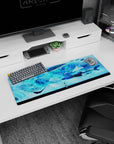 32x12 inches mouse pad showing a tiny anime girl watching whale sharks glide through a glowing sea.