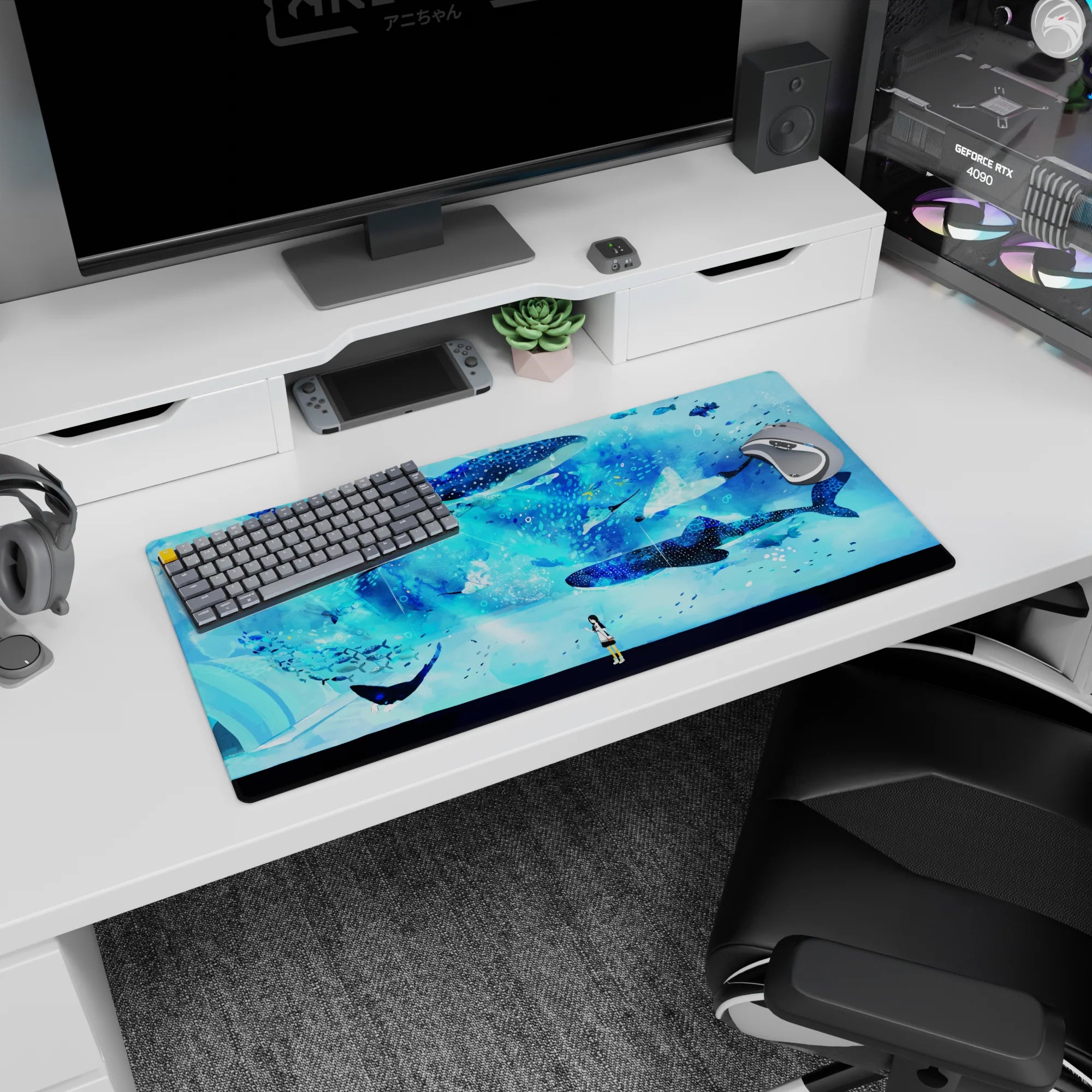 Tiny anime girl watching whale sharks glide like fireworks on a 32x16 inches desk mouse pad.