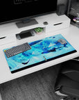Tiny anime girl watching whale sharks glide like fireworks on a 32x16 inches desk mouse pad.