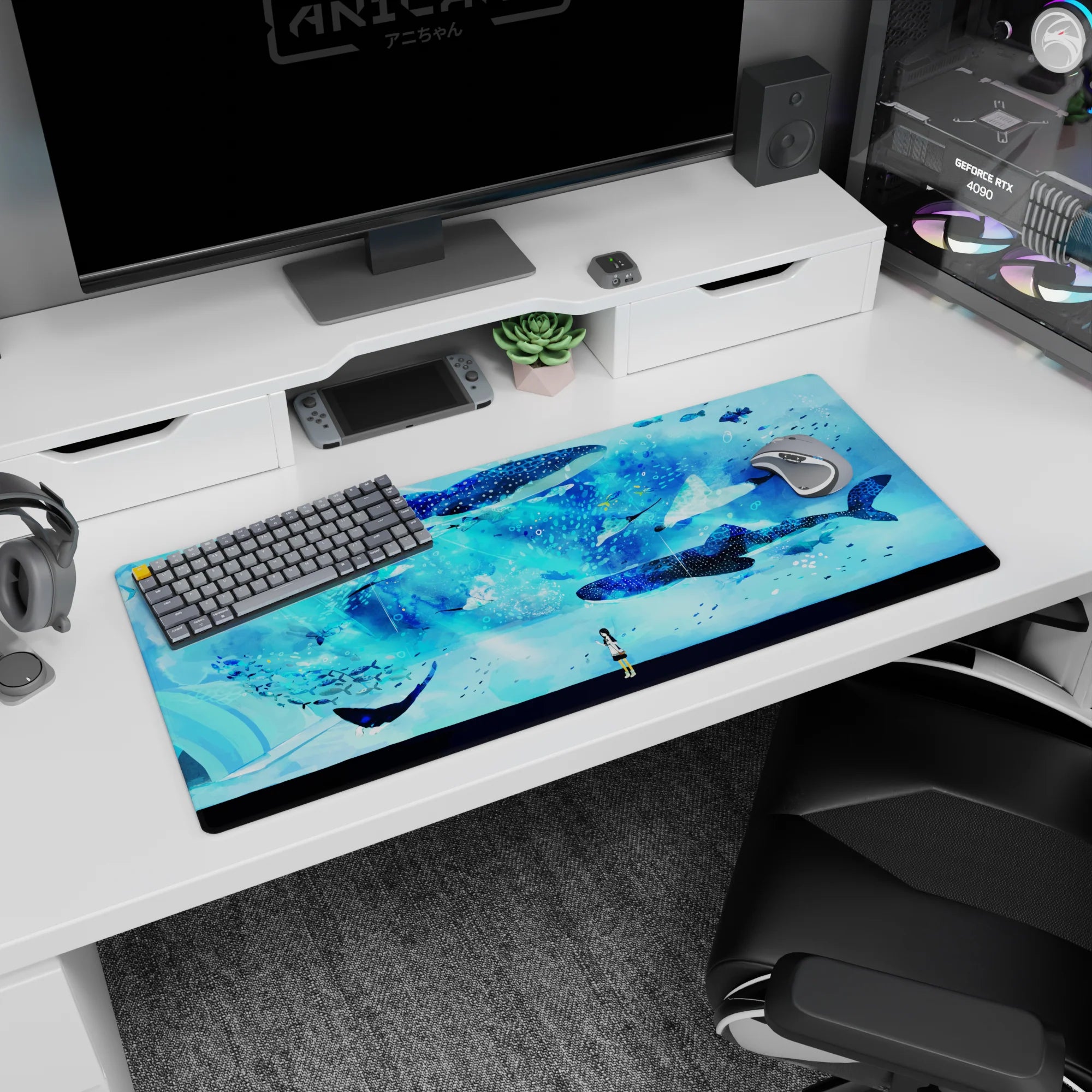 Tiny anime girl watching whale sharks glide like fireworks over the sea, desk pad 36x16 inches.
