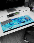 Tiny anime girl watching whale sharks glide like fireworks over the sea, desk pad 36x16 inches.