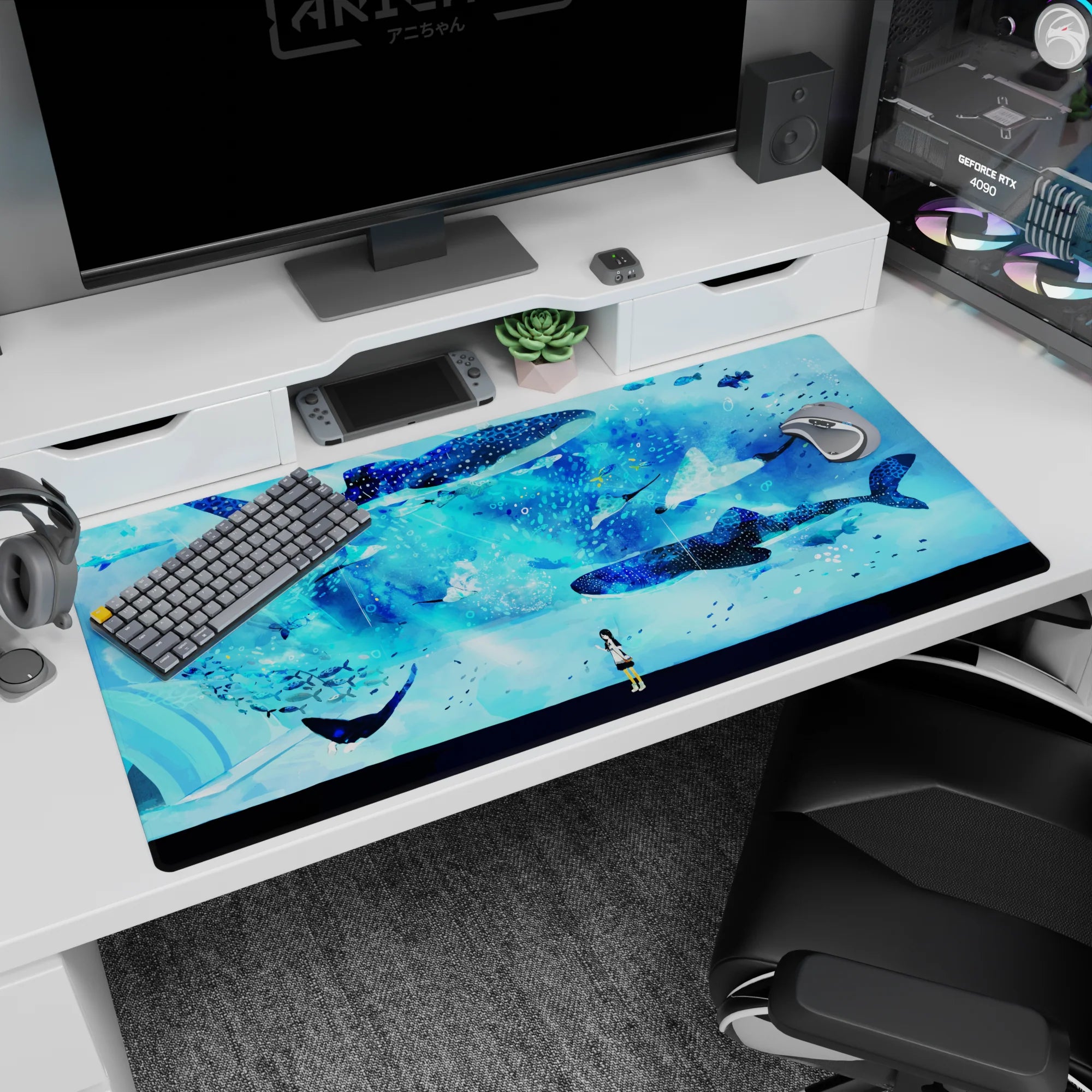 Anime girl watching whale sharks glide like fireworks desk pad 40x20 inches, cozy ocean scene.