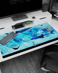 Anime girl watching whale sharks glide like fireworks desk pad 40x20 inches, cozy ocean scene.