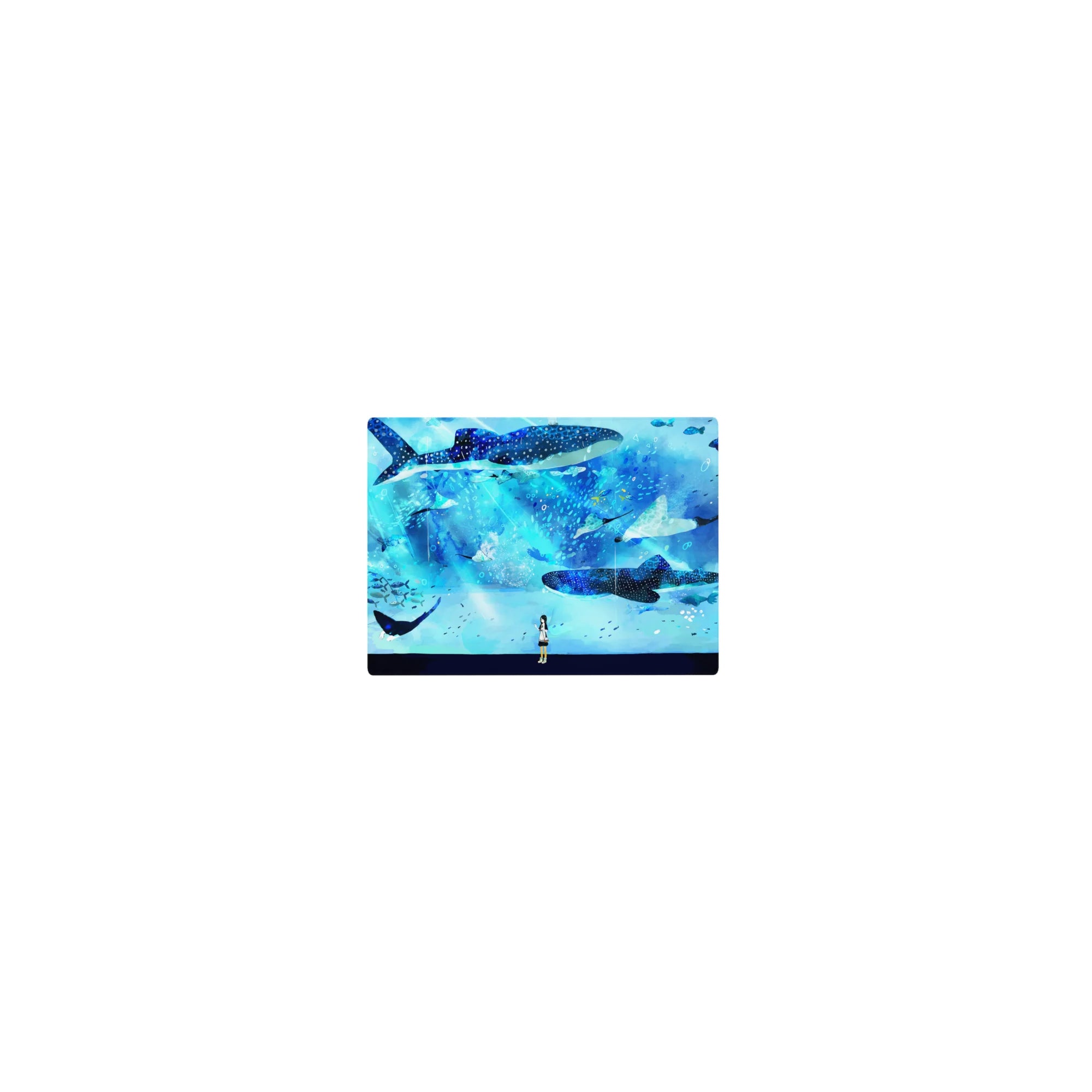 Classic anime girl mouse pad 14x10 inches with whale sharks, star speckles, and fish confetti ocean art.
