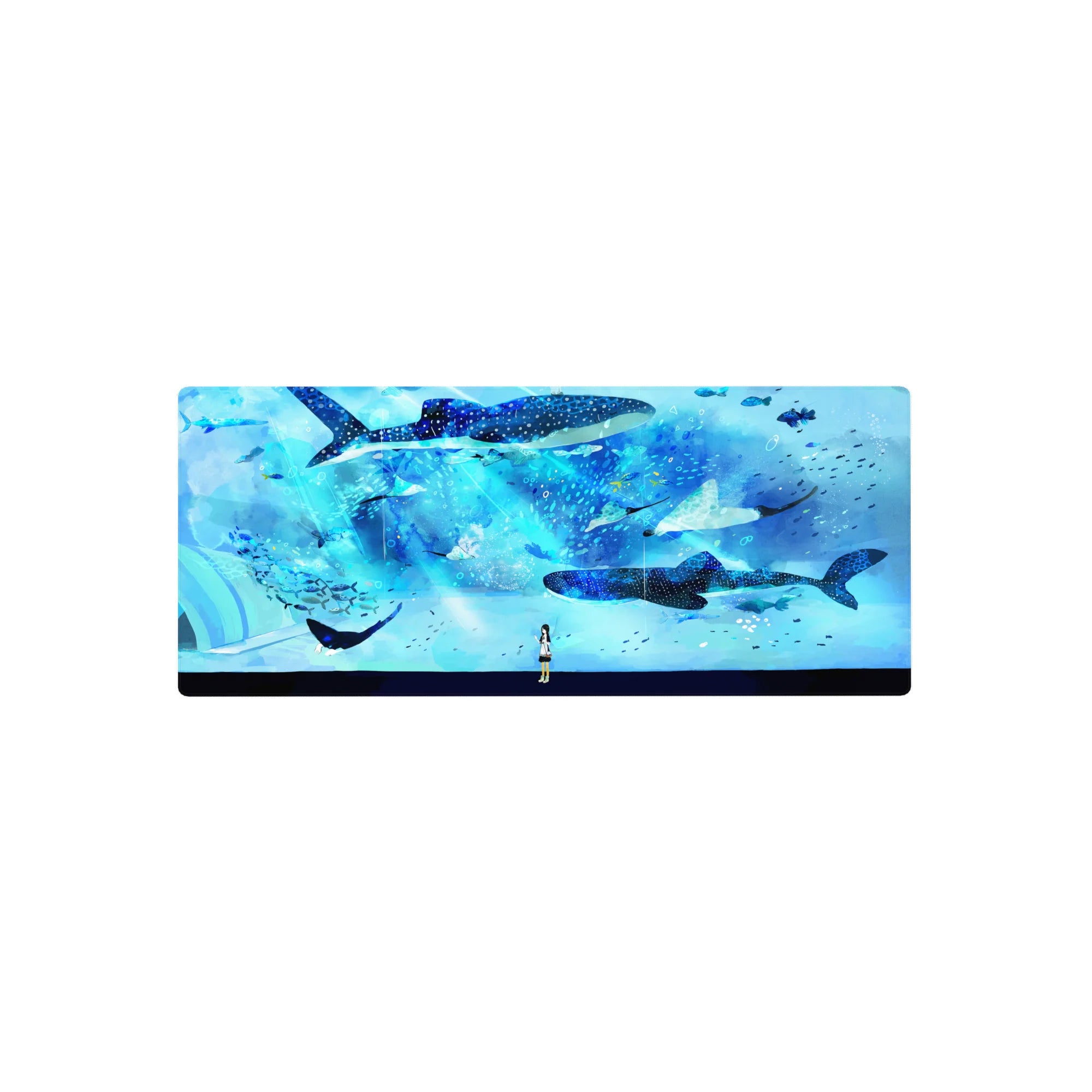 28x12 inches anime girl mouse pad with dreamy ocean scene and whale sharks, fish confetti, and stars.