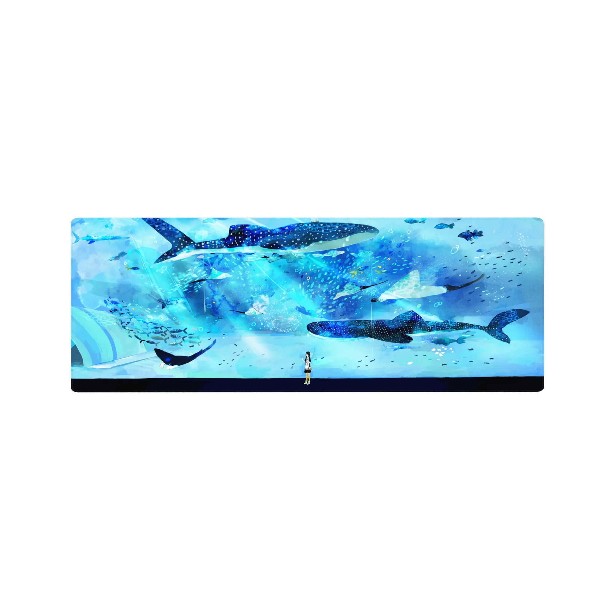 32x12 inches anime girl mouse pad with whale sharks, star-speckled ocean scene and cute fish confetti.