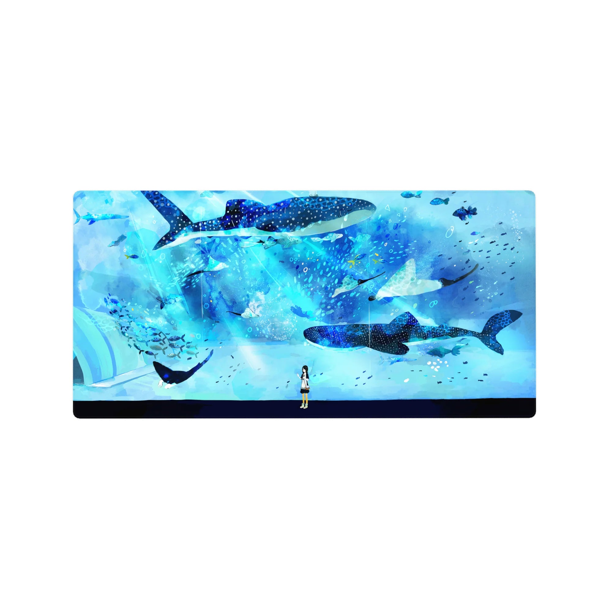 Anime girl mouse pad 32x16 inches with ocean scene, whale sharks, tiny fish, and starry details.