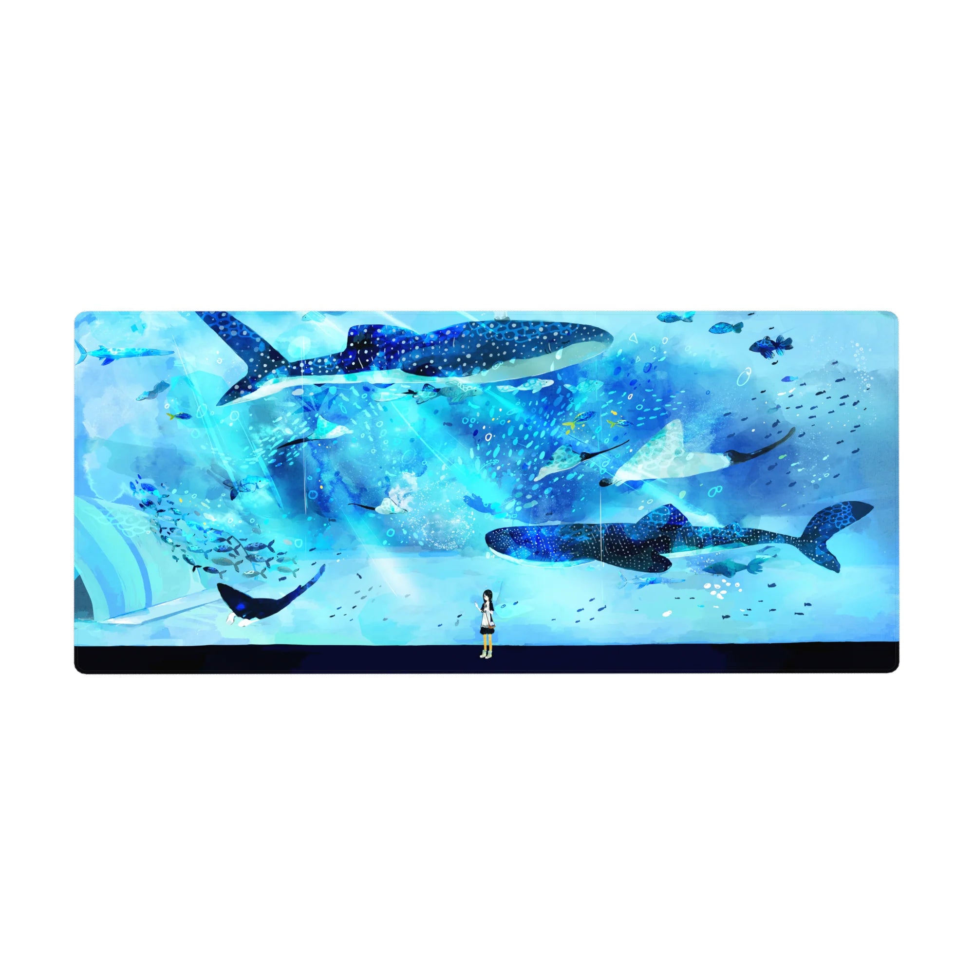 Anime girl ocean desk pad with whale sharks, star-speckled patterns and tiny fish, 36x16 inches.