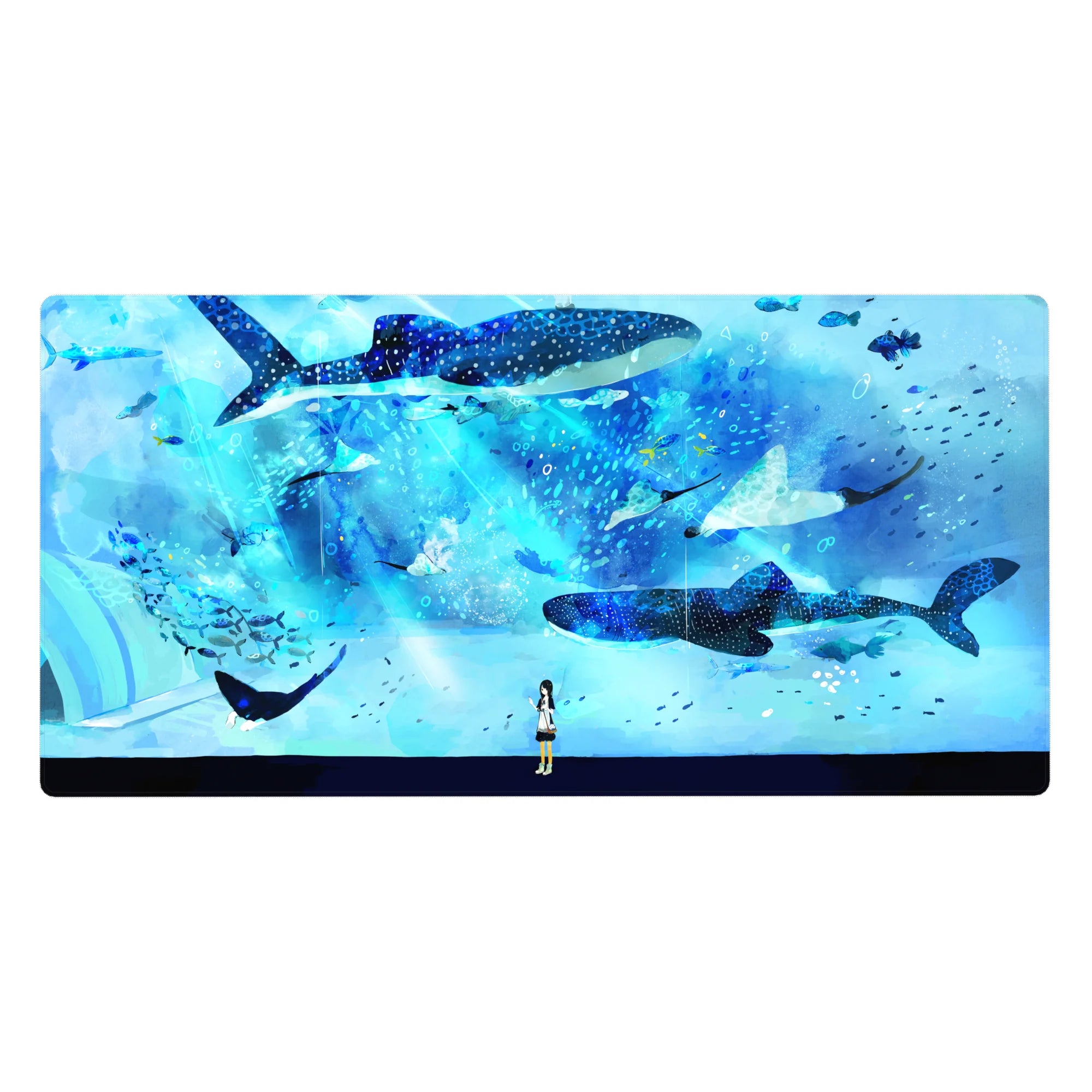 Anime girl desk pad 40x20 inches with whale sharks, star-speckled sea, and cute fish confetti.