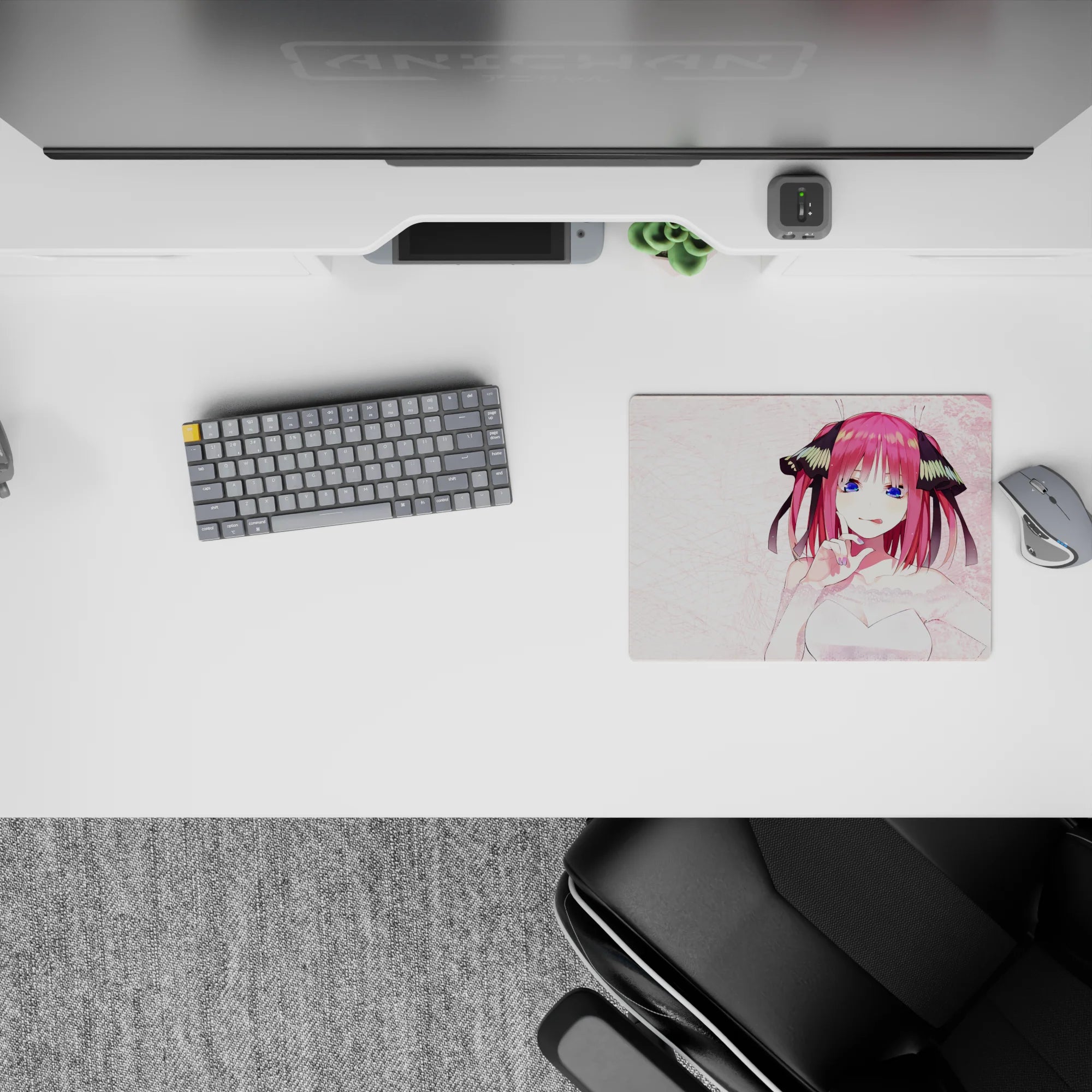 Cozy romance vibe 14x10 inches anime mouse pad, magenta hair and ocean-blue eyes on soft pink desk art.