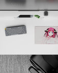 Cozy romance vibe 14x10 inches anime mouse pad, magenta hair and ocean-blue eyes on soft pink desk art.