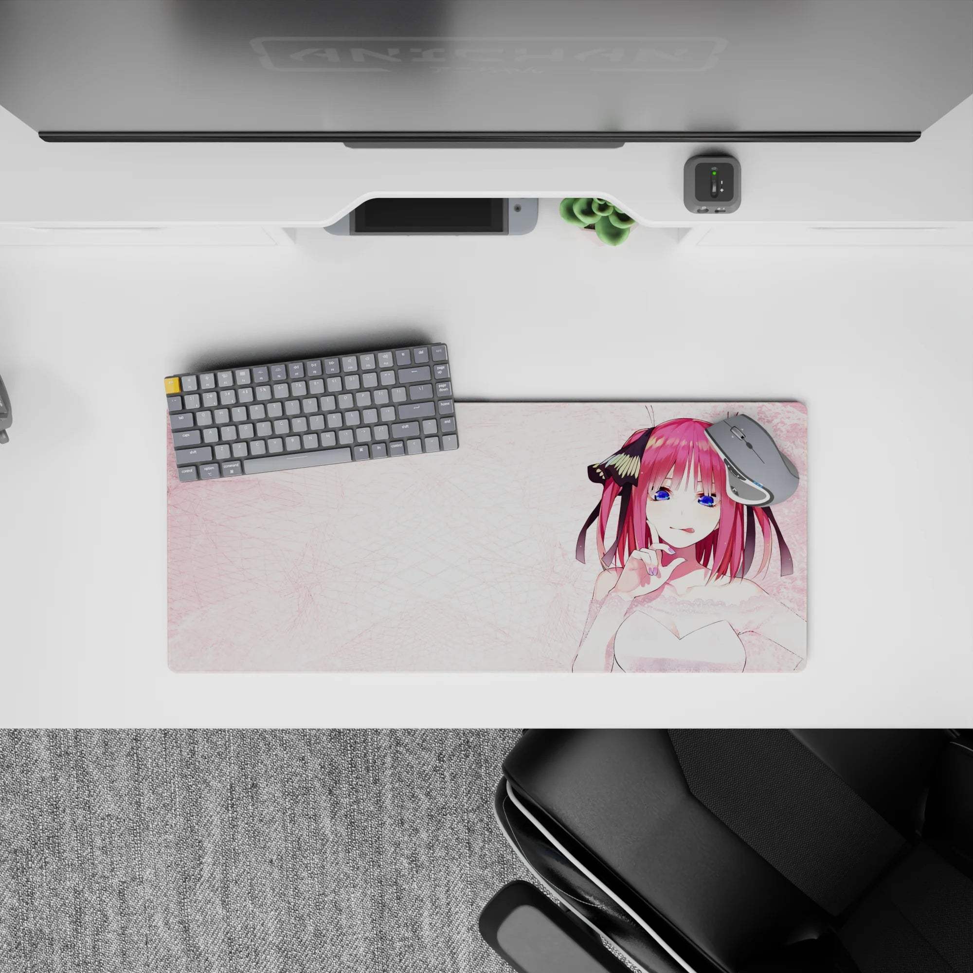 28x12 inches anime mouse pad in soft pink and magenta, ocean-blue eyes, cozy romance vibe for gaming.