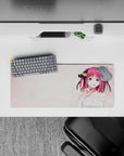 28x12 inches anime mouse pad in soft pink and magenta, ocean-blue eyes, cozy romance vibe for gaming.