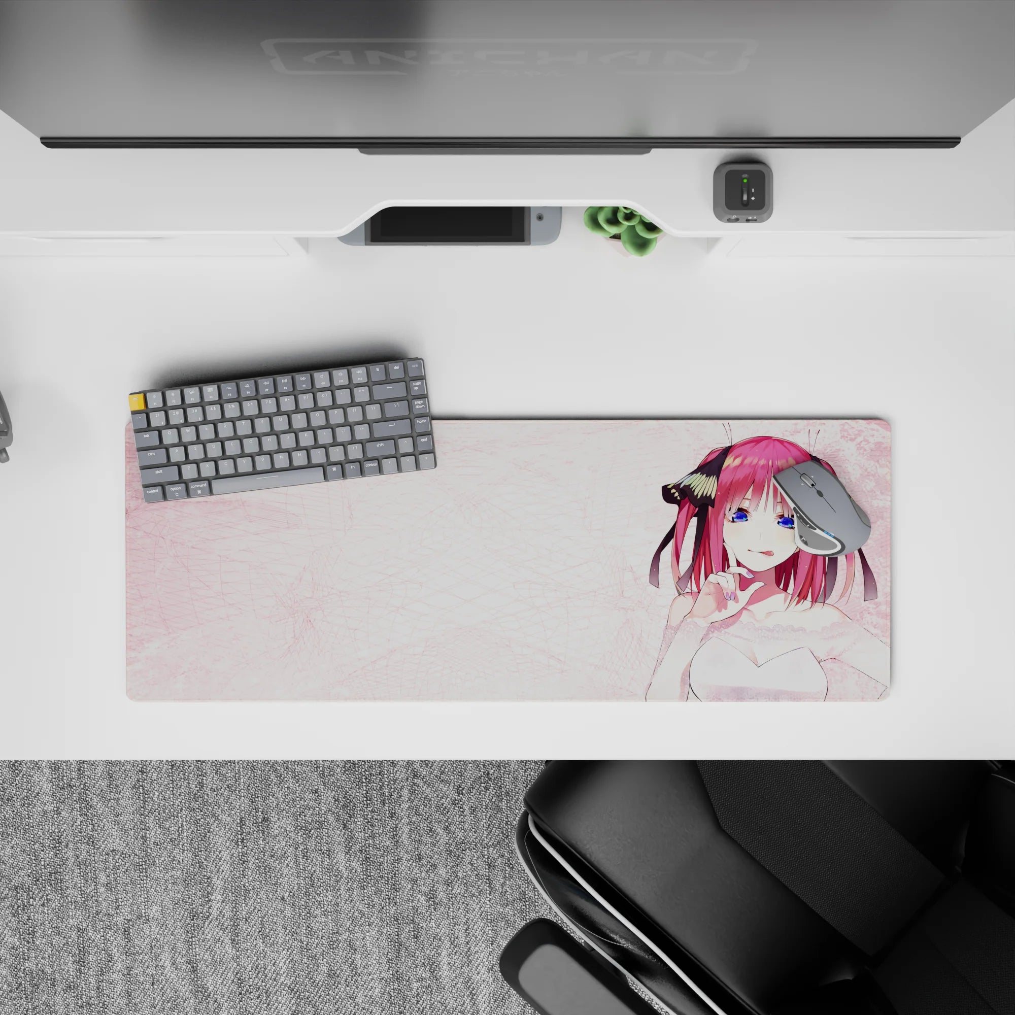 32x12 inches kawaii desk mouse pad in soft pink and magenta tones, cozy romance vibe, smooth tracking.
