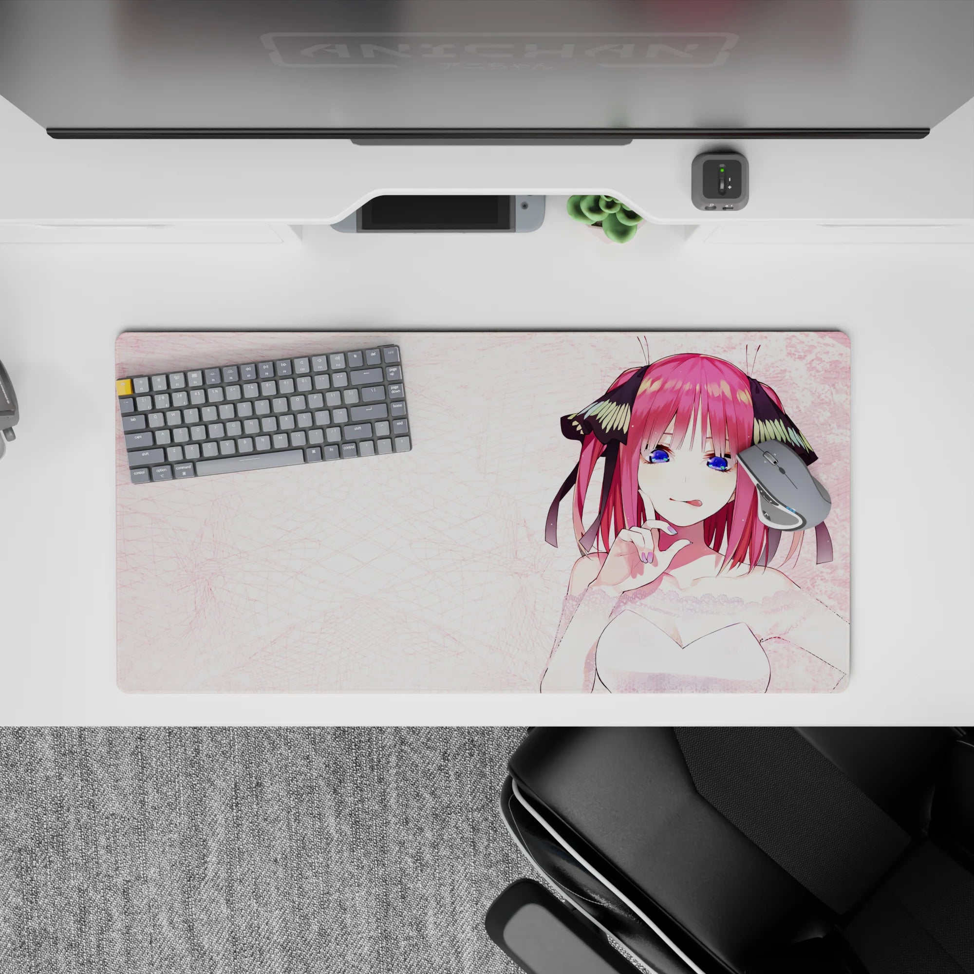 32x16 inches mouse pad in soft pink and white with magenta hair, ocean-blue eyes, cozy romance vibe.