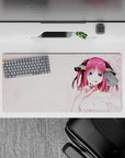 32x16 inches mouse pad in soft pink and white with magenta hair, ocean-blue eyes, cozy romance vibe.