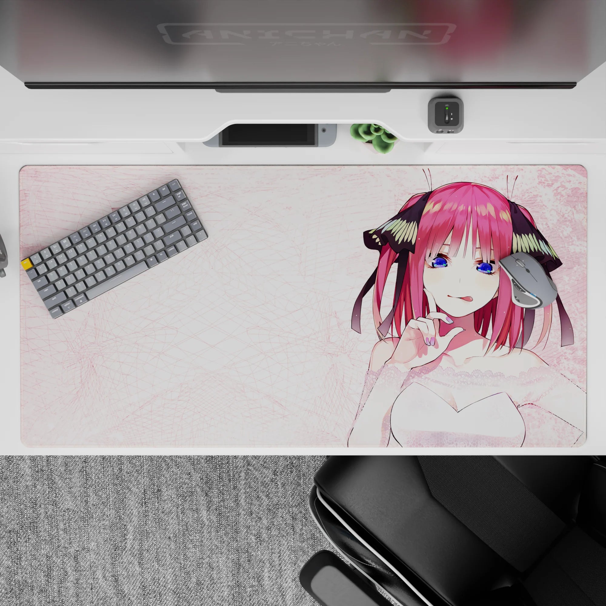 40x20 inches anime desk pad in magenta and ocean-blue with cozy romance vibes over a clean white outfit.