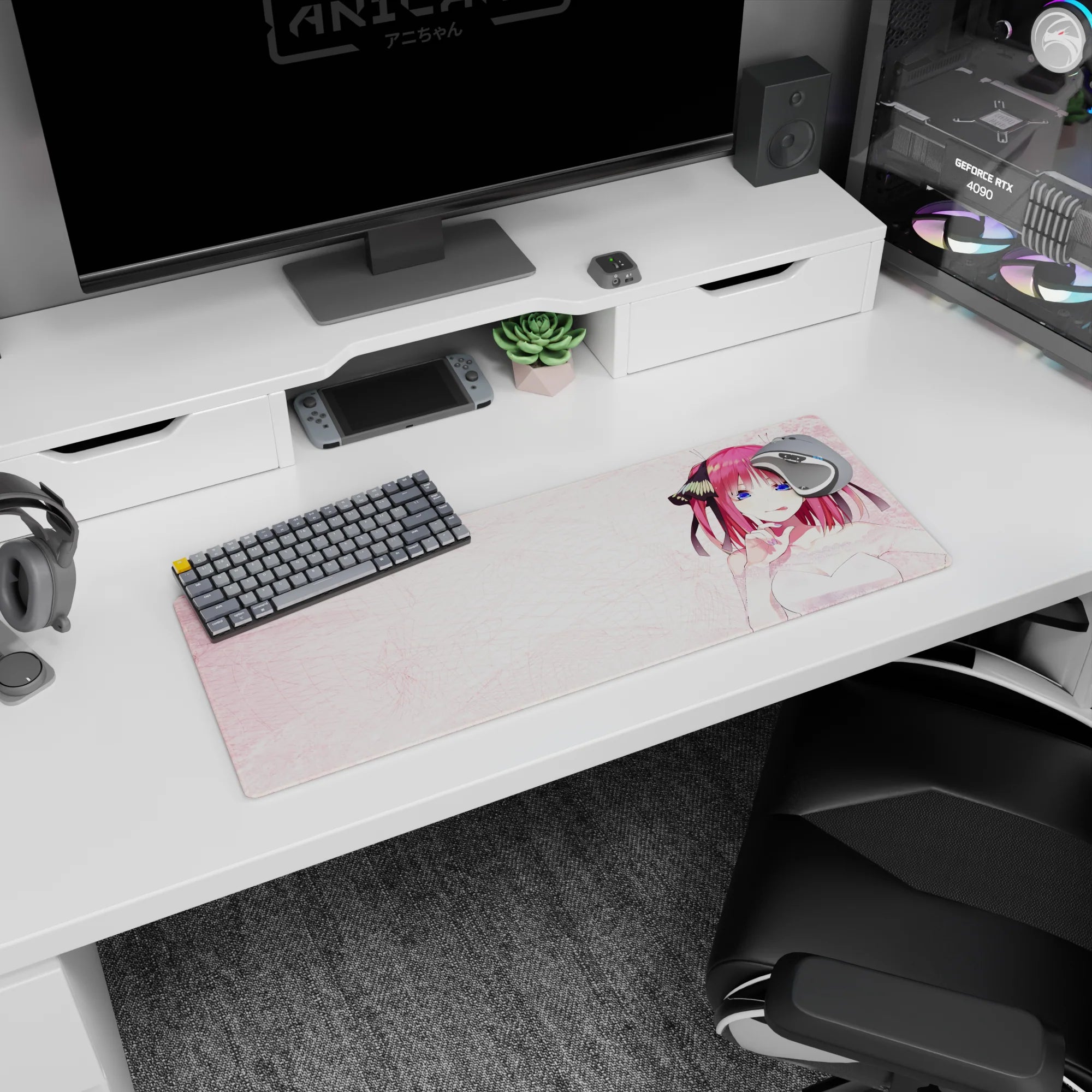 32x12 inches Nino Nakano mouse pad from The Quintessential Quintuplets, mischievous pose, blue eyes.