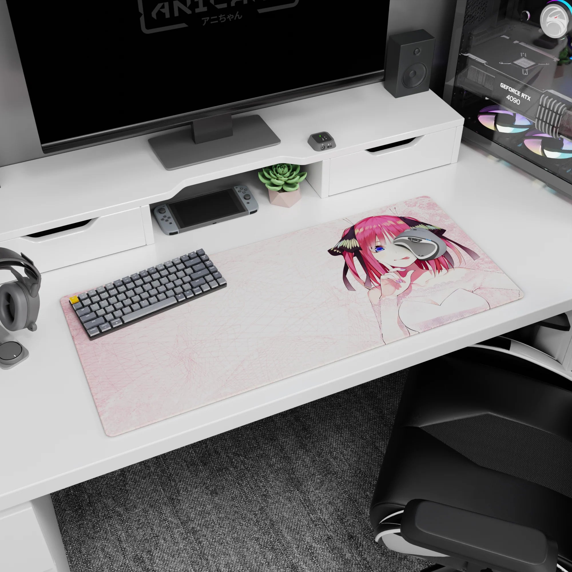 36x16 inches Nino Nakano desk pad from The Quintessential Quintuplets, mischievous smile in airy white dress.