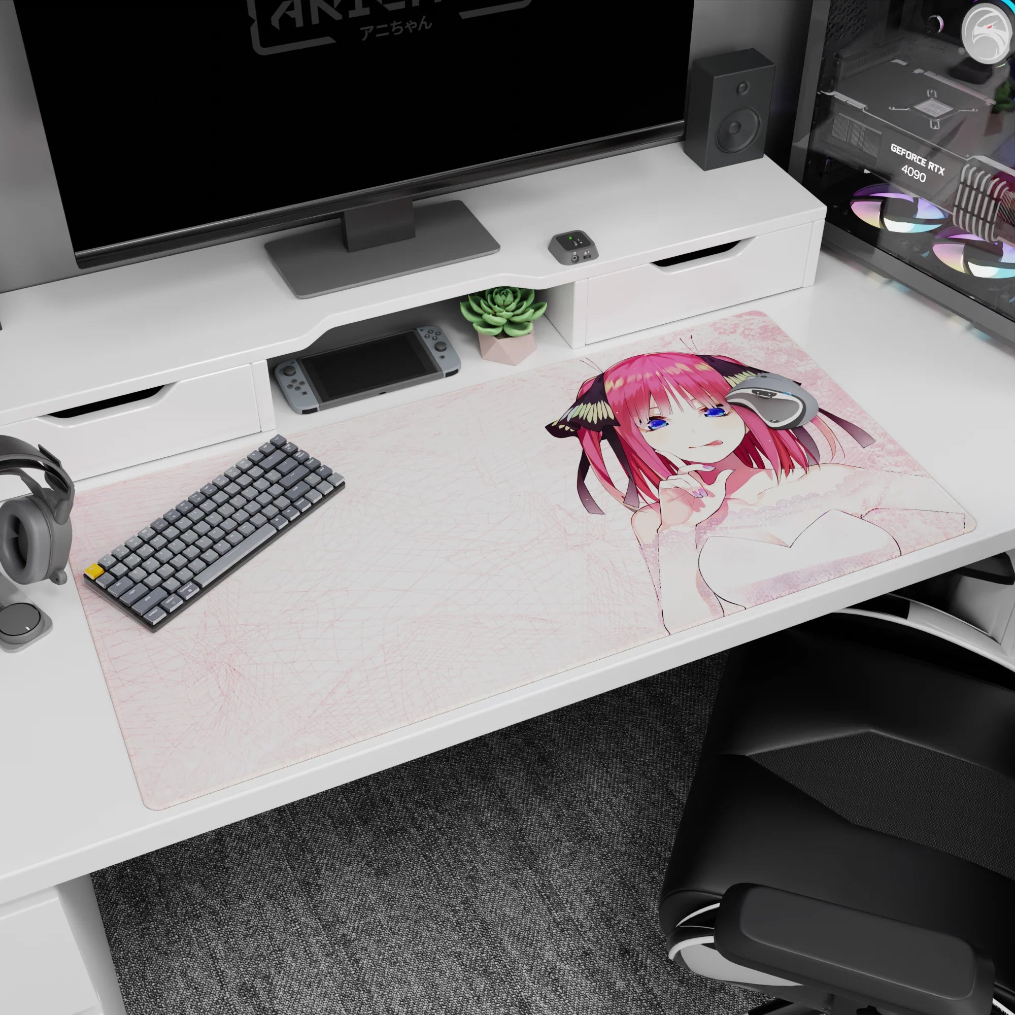 Nino Nakano from The Quintessential Quintuplets on a 40x20 inches desk pad, mischievous pose and bright eyes.