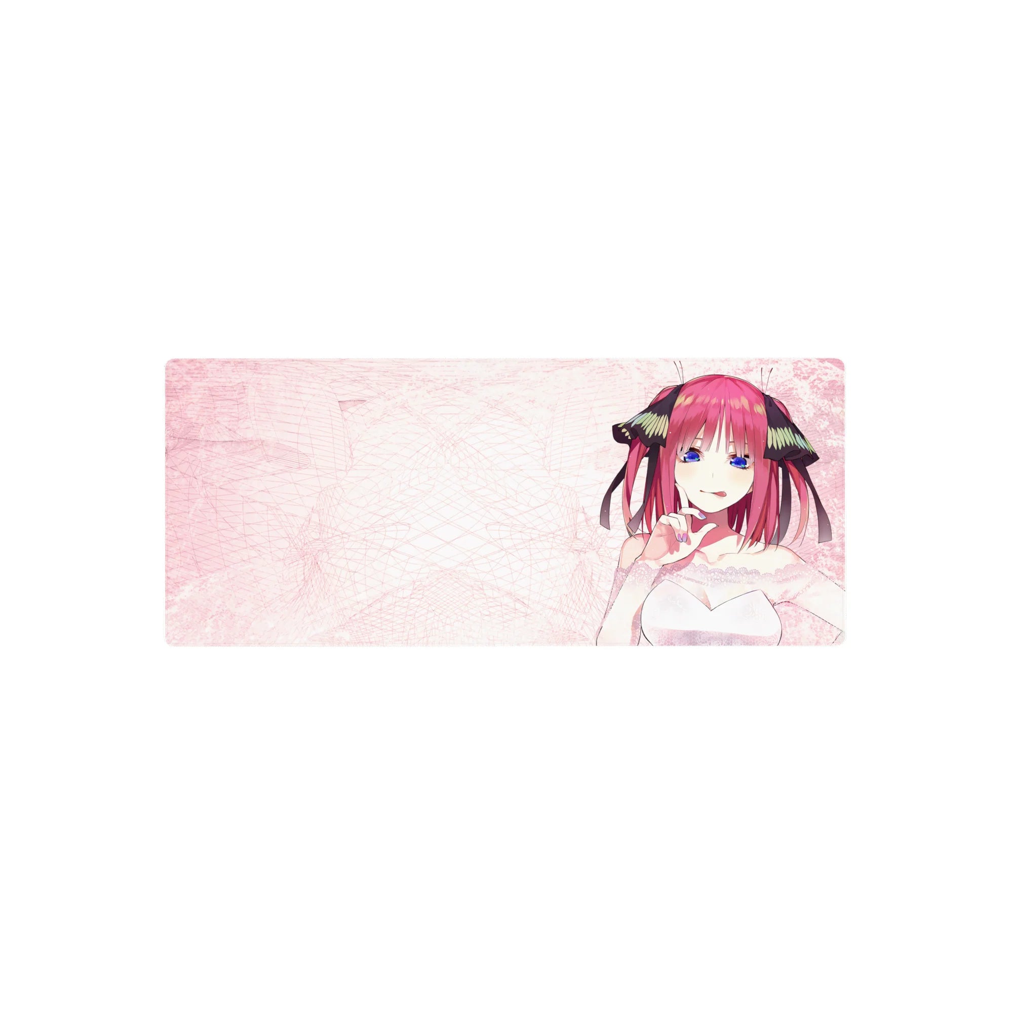 28x12 inches anime girl mouse pad with Nino Nakano, pink scribbles, white dress, smooth desk mat.