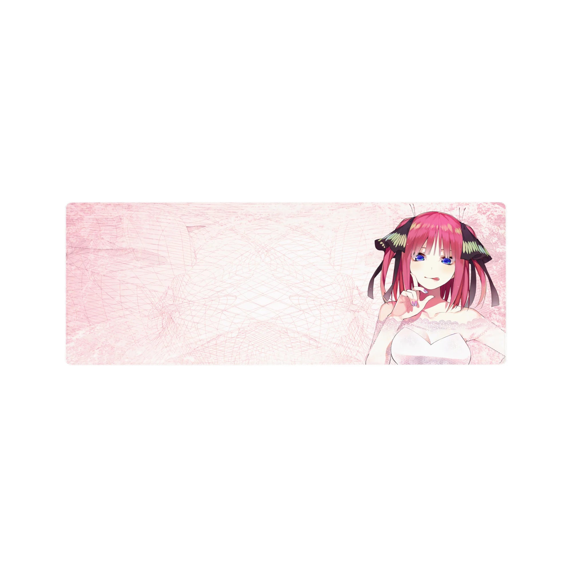 32x12 inches anime girl mouse pad with pink scribbles, white dress ribbons, smooth desk mat for gaming.