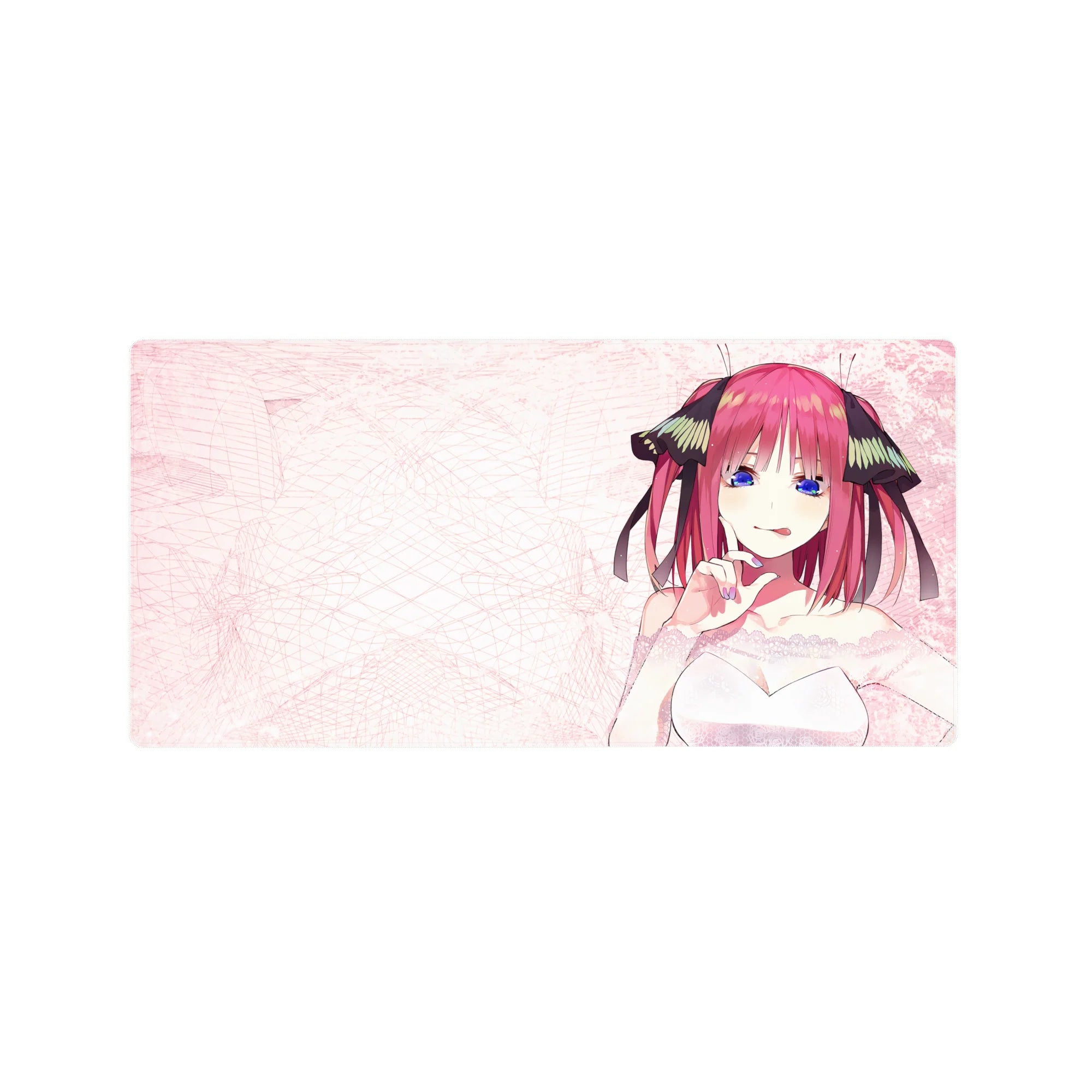32x16 inches anime girl mouse pad with pink scribble background, white dress, ribbon accents, smooth tracking.