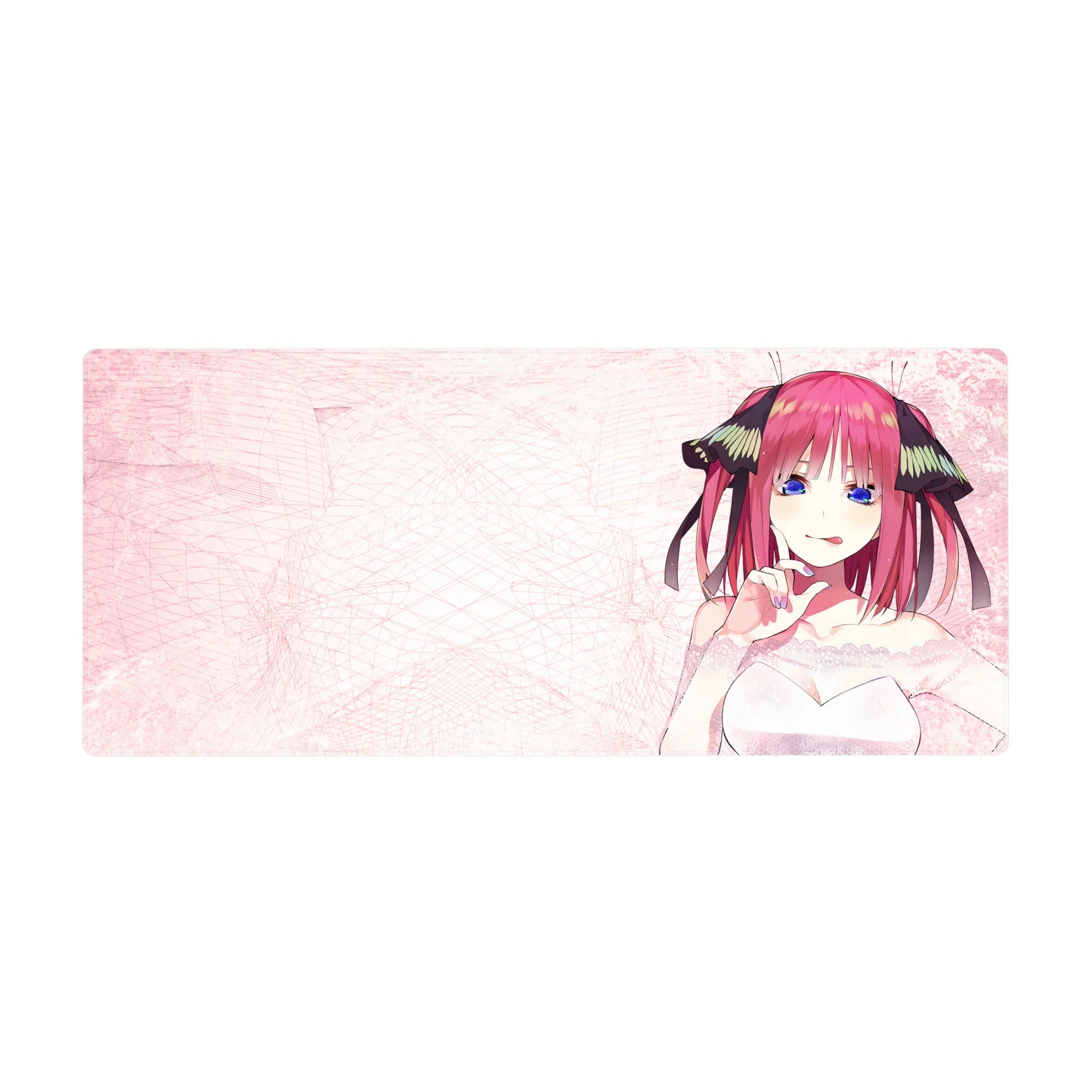 36x16 inches anime girl desk pad with pink scribbles, white dress and ribbon details, smooth mouse tracking.
