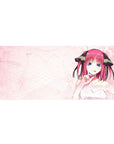 36x16 inches anime girl desk pad with pink scribbles, white dress and ribbon details, smooth mouse tracking.