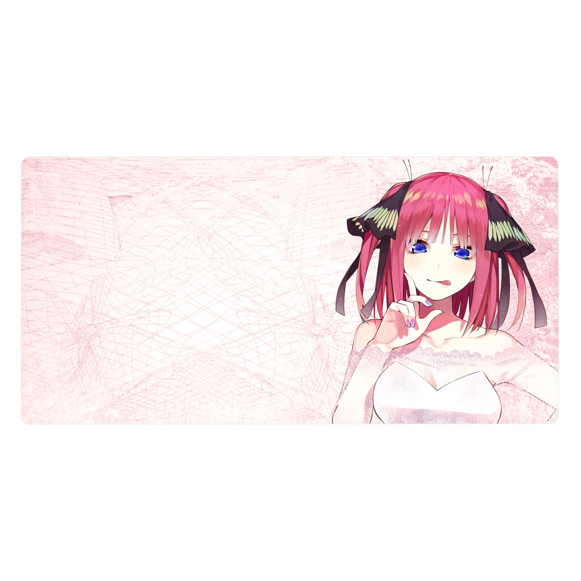 Anime girl desk pad 40x20 inches with Nino Nakano on soft pink scribble background, white dress and ribbons.