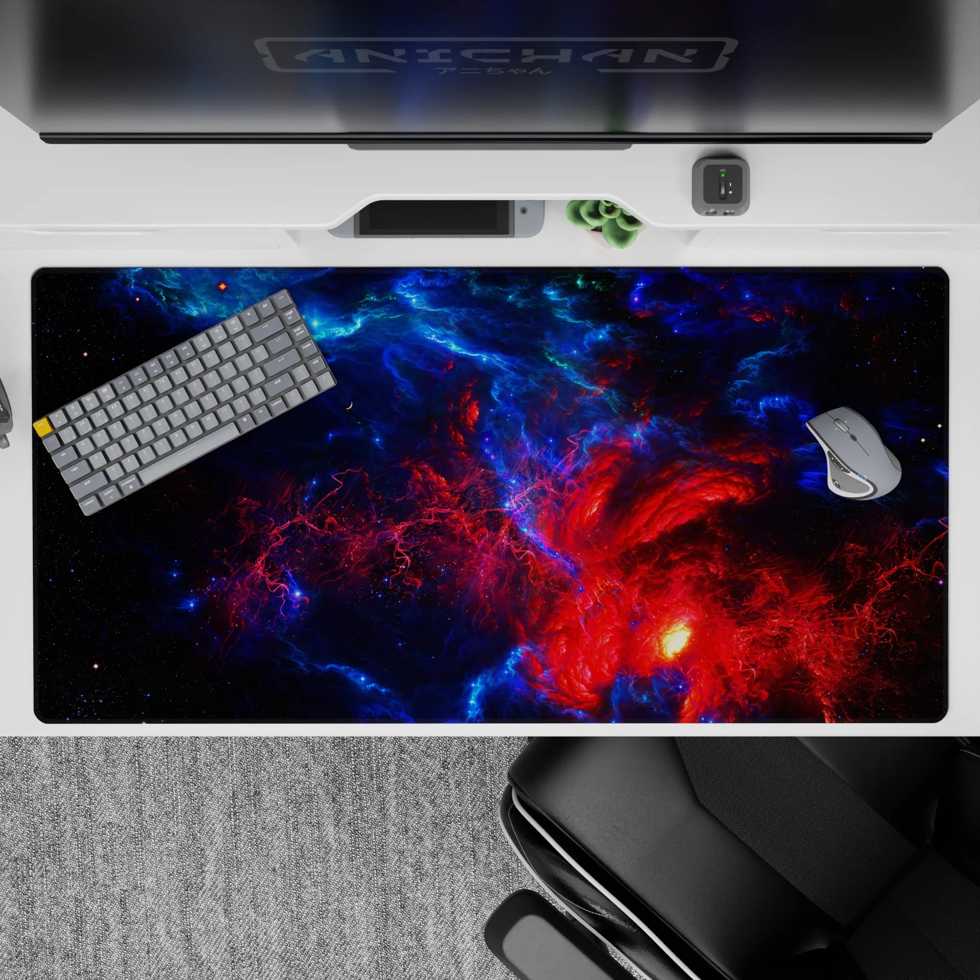 Electric blue and molten red cosmic desk pad 40x20 inches, hypnotic mood with punchy colors.