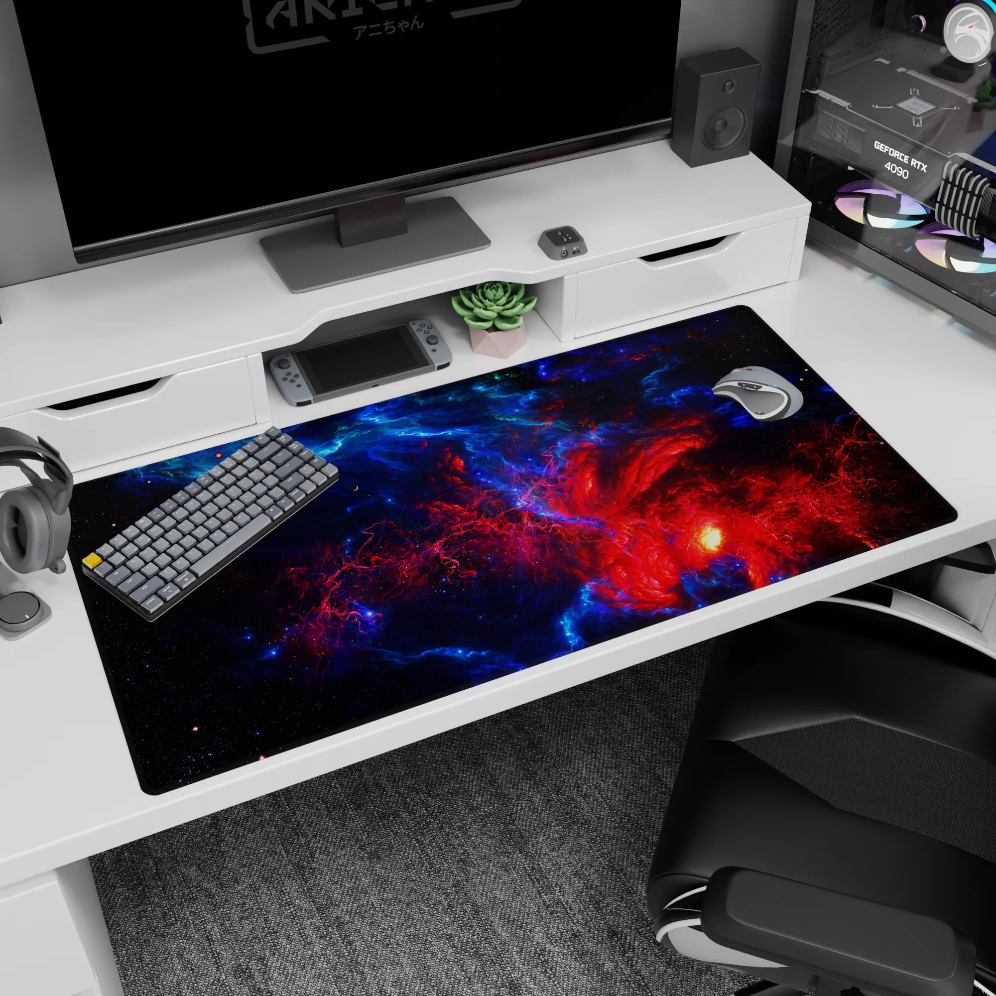 Breathing galaxy vortex desk pad 40x20 inches, crackling nebula streaks and scattered stars.