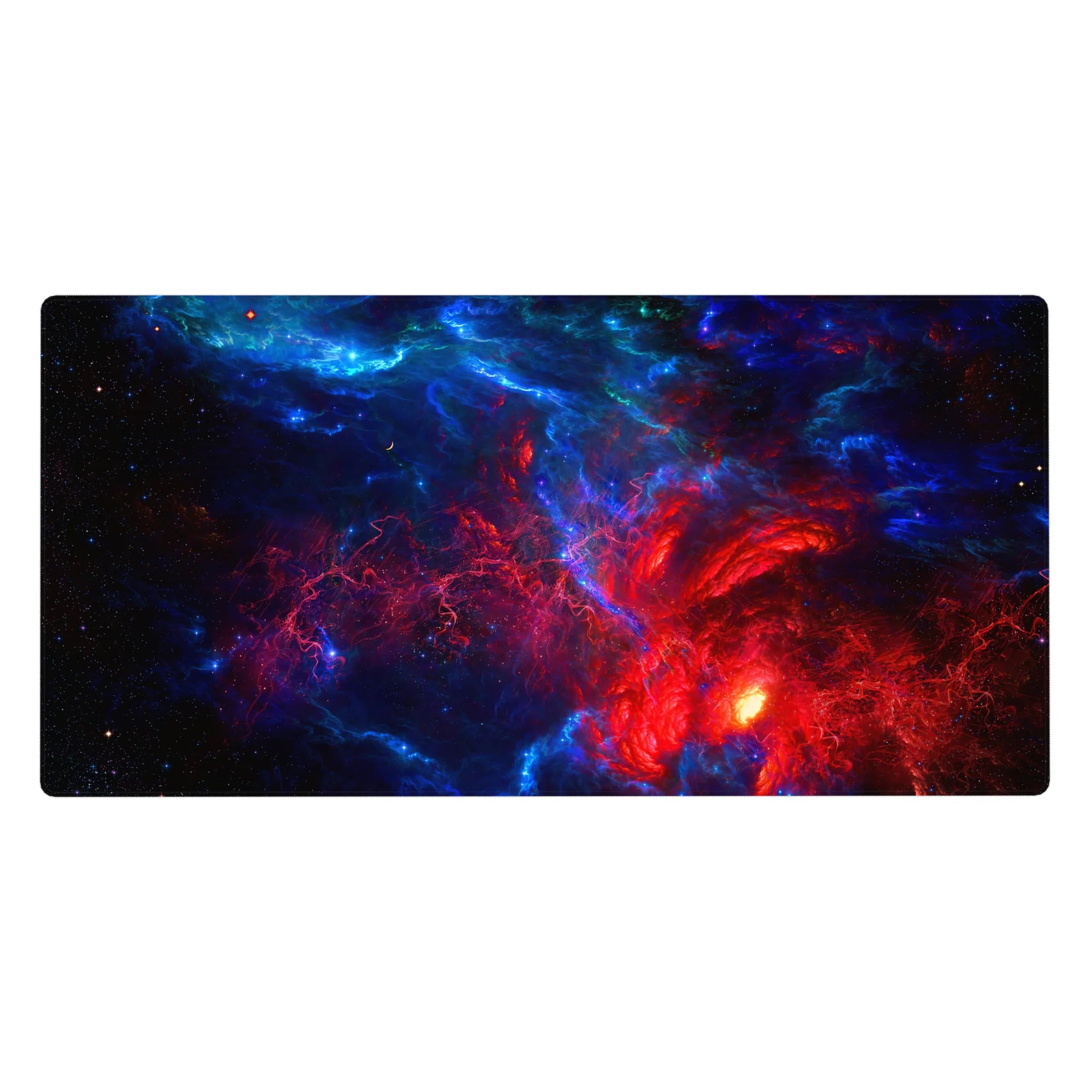 Deep-space nebula swirl desk pad 40x20 inches with star specks on a midnight backdrop.