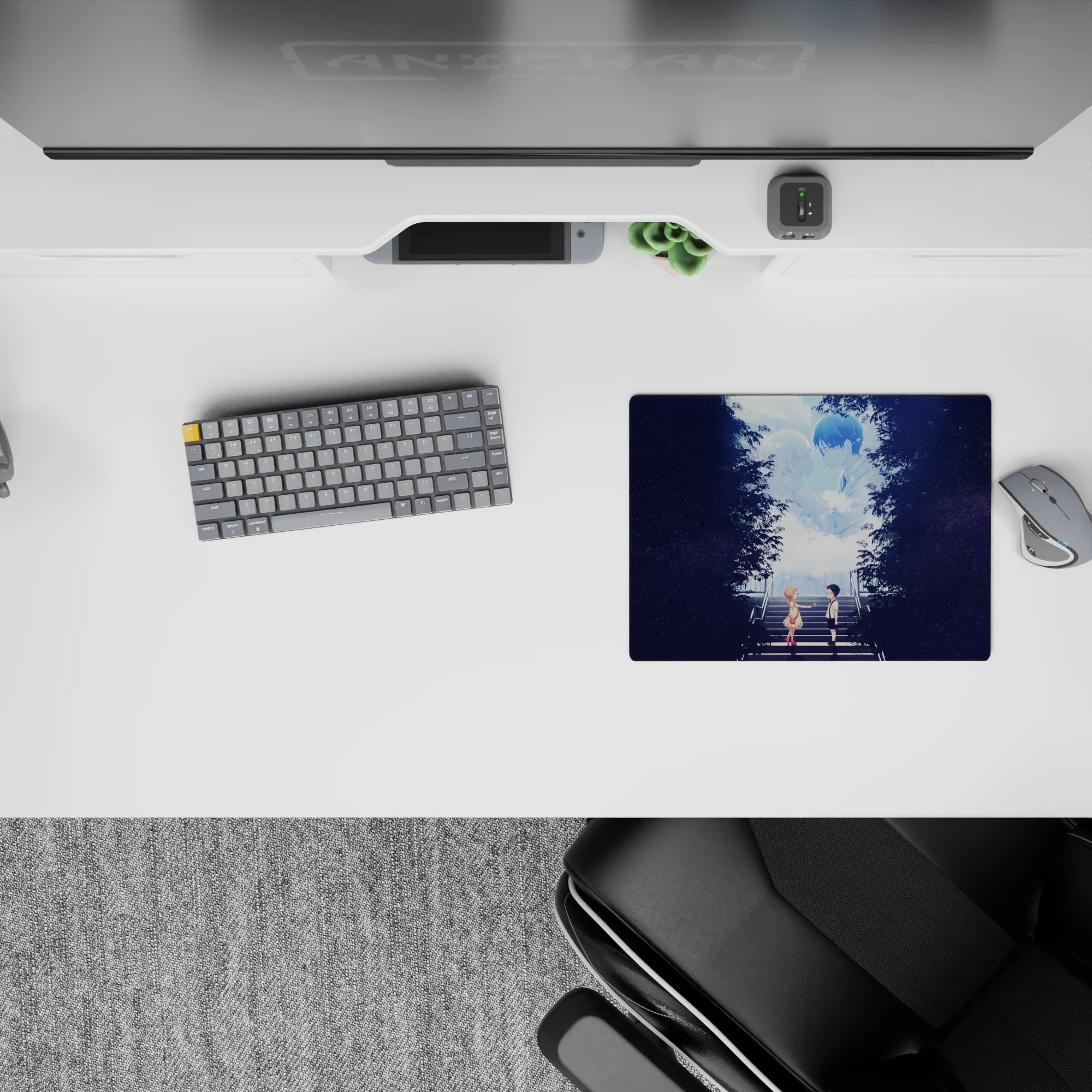 14x10 inches anime mouse pad in soft blues and midnight purples, calm romantic glow with gentle contrast.