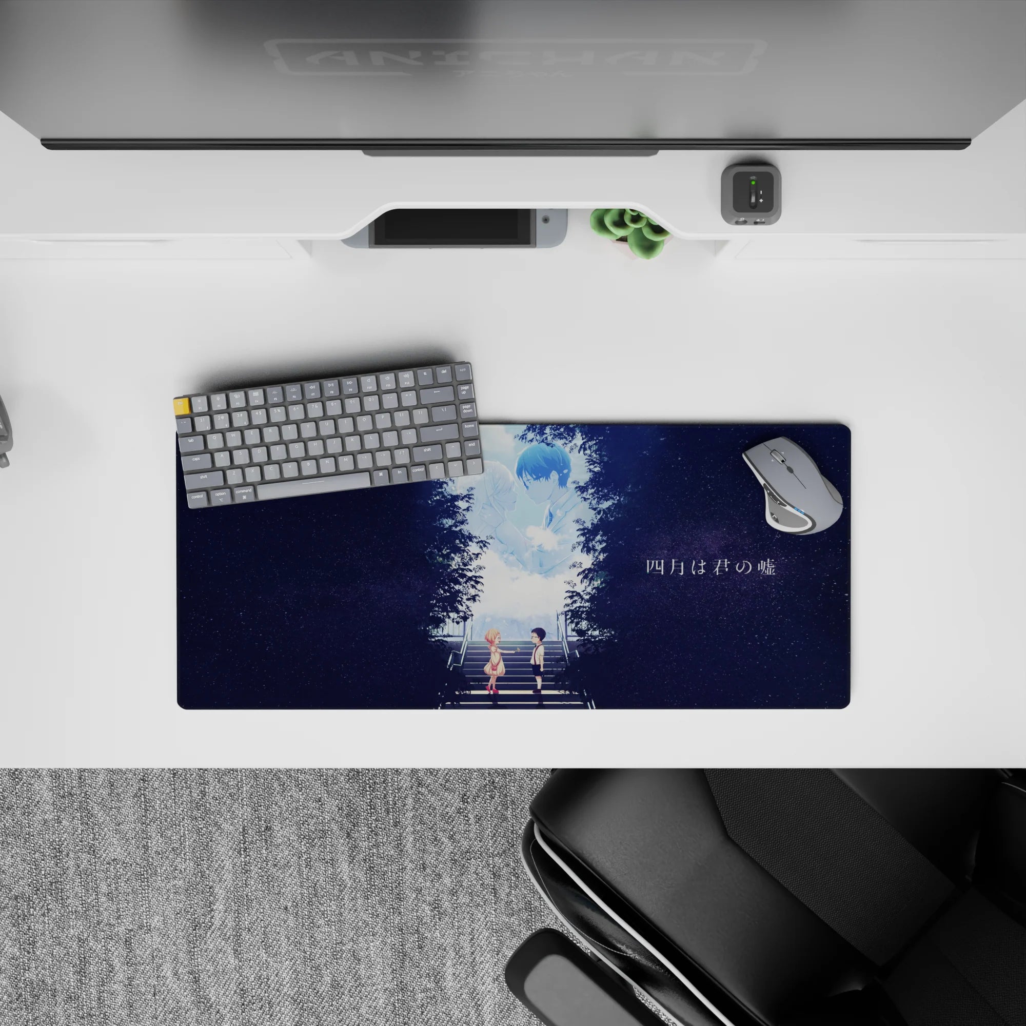 28x12 inches anime mouse pad in soft blues and midnight purples, calm romantic glow with gentle contrast.