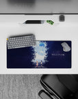 28x12 inches anime mouse pad in soft blues and midnight purples, calm romantic glow with gentle contrast.