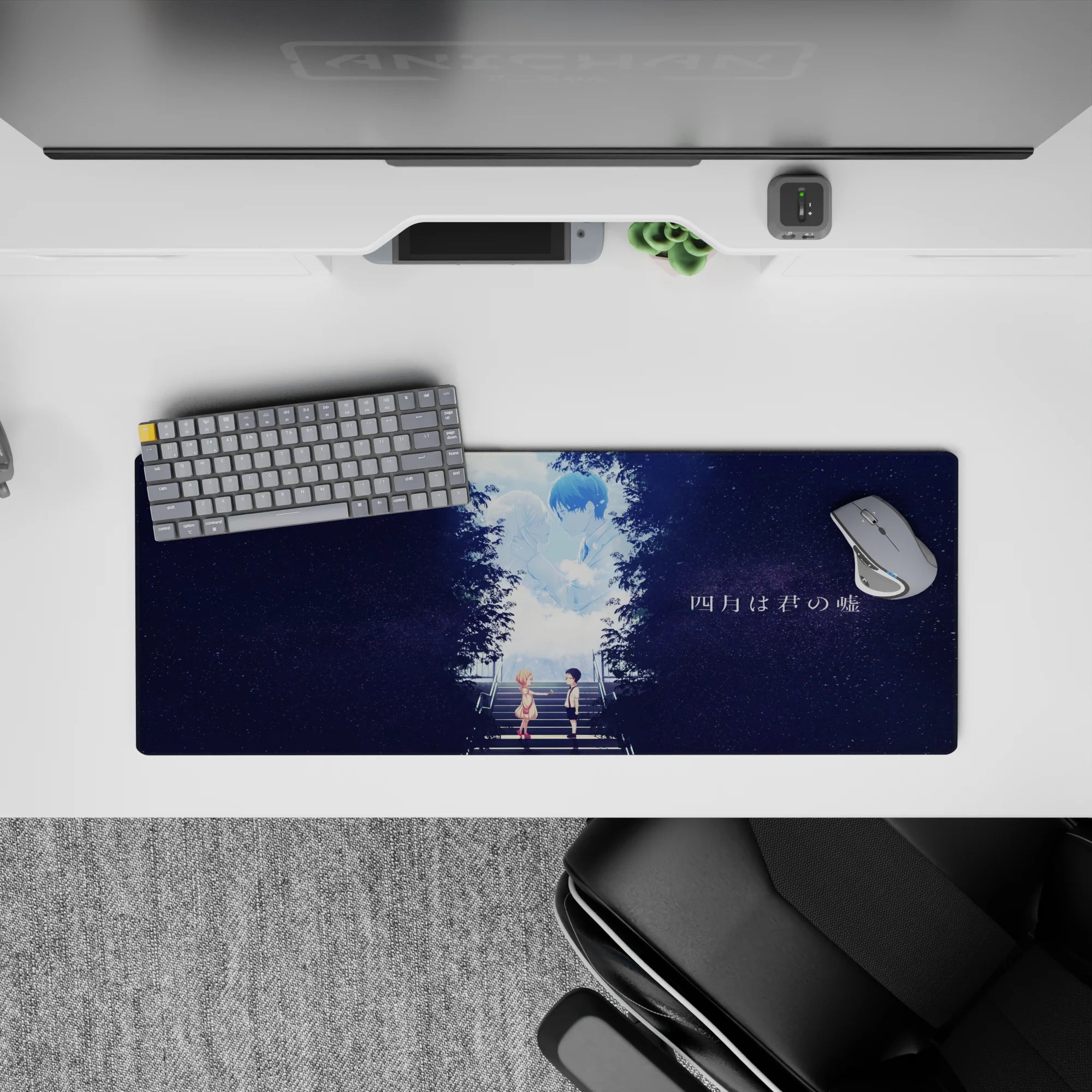 Romantic midnight purple and soft blue anime desk mat 32x12 inches with calm, bittersweet glow.