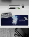 Romantic midnight purple and soft blue anime desk mat 32x12 inches with calm, bittersweet glow.