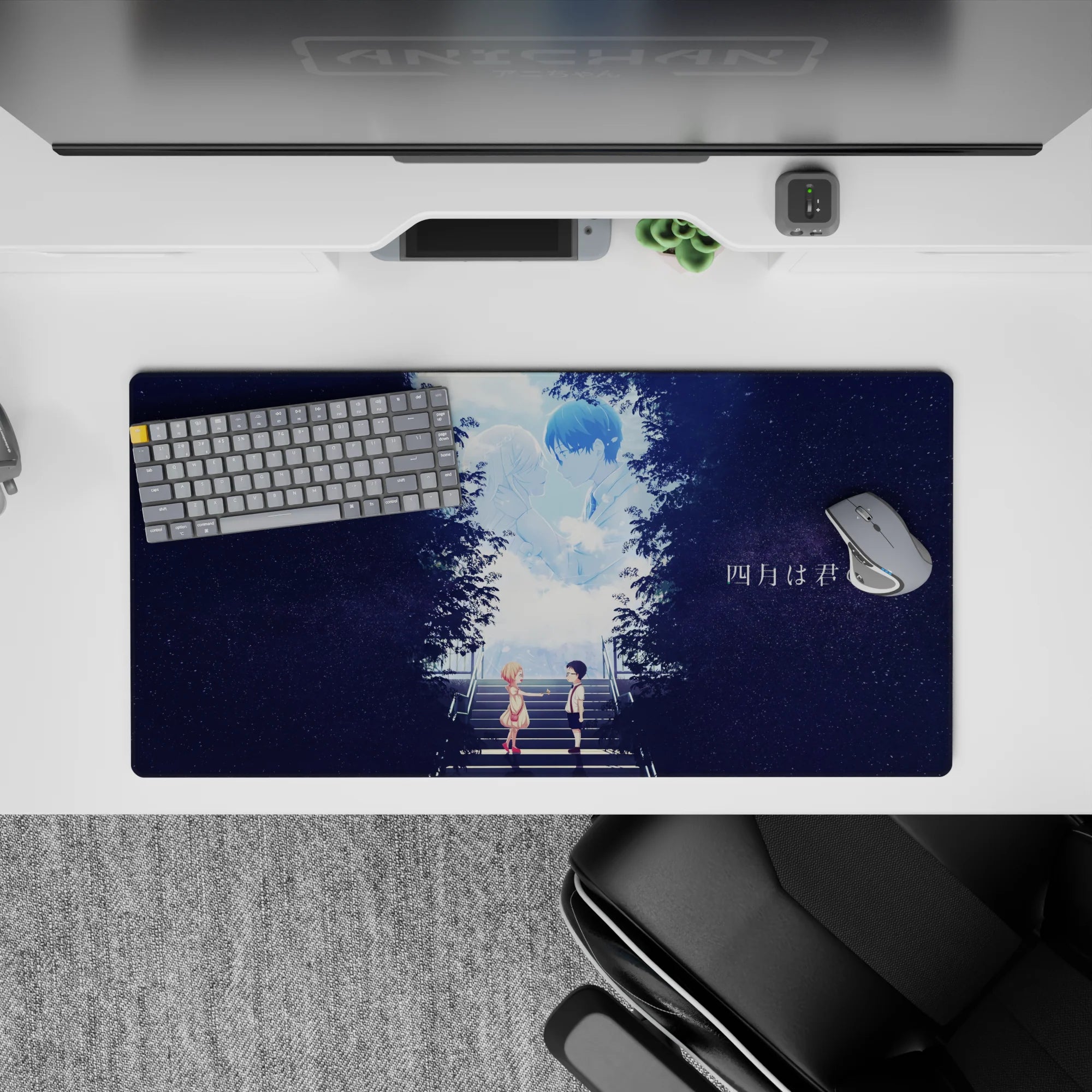 Soft blue and midnight purple 32x16 inches anime mouse pad, calm romantic glow with starry texture.