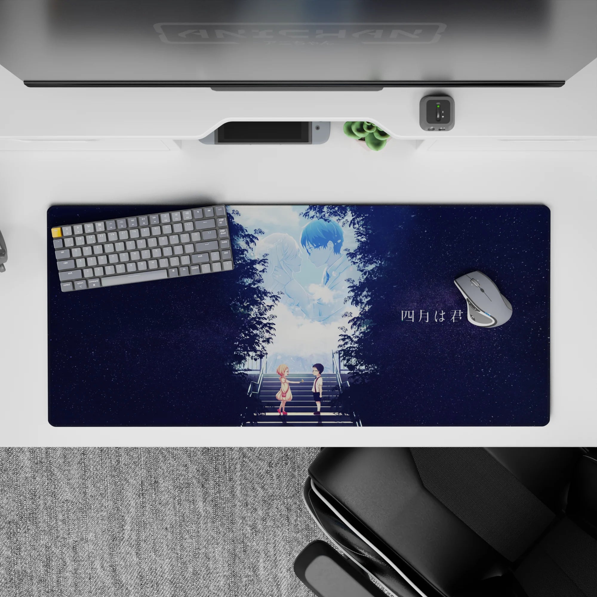 Romantic blue and midnight purple 36x16 inches anime desk pad with soft glow and bittersweet vibe.