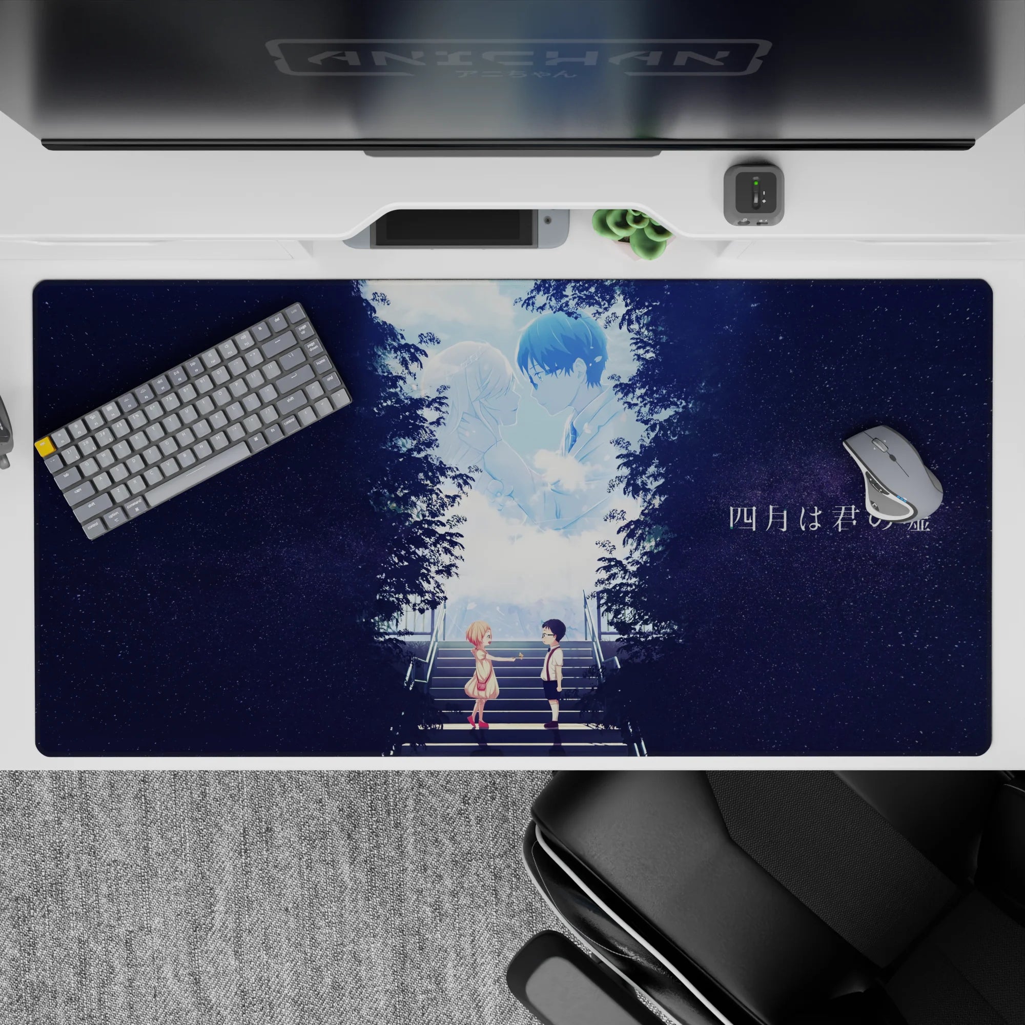 Bittersweet blue and midnight purple 40x20 inches anime desk pad with starry texture and soft glow.